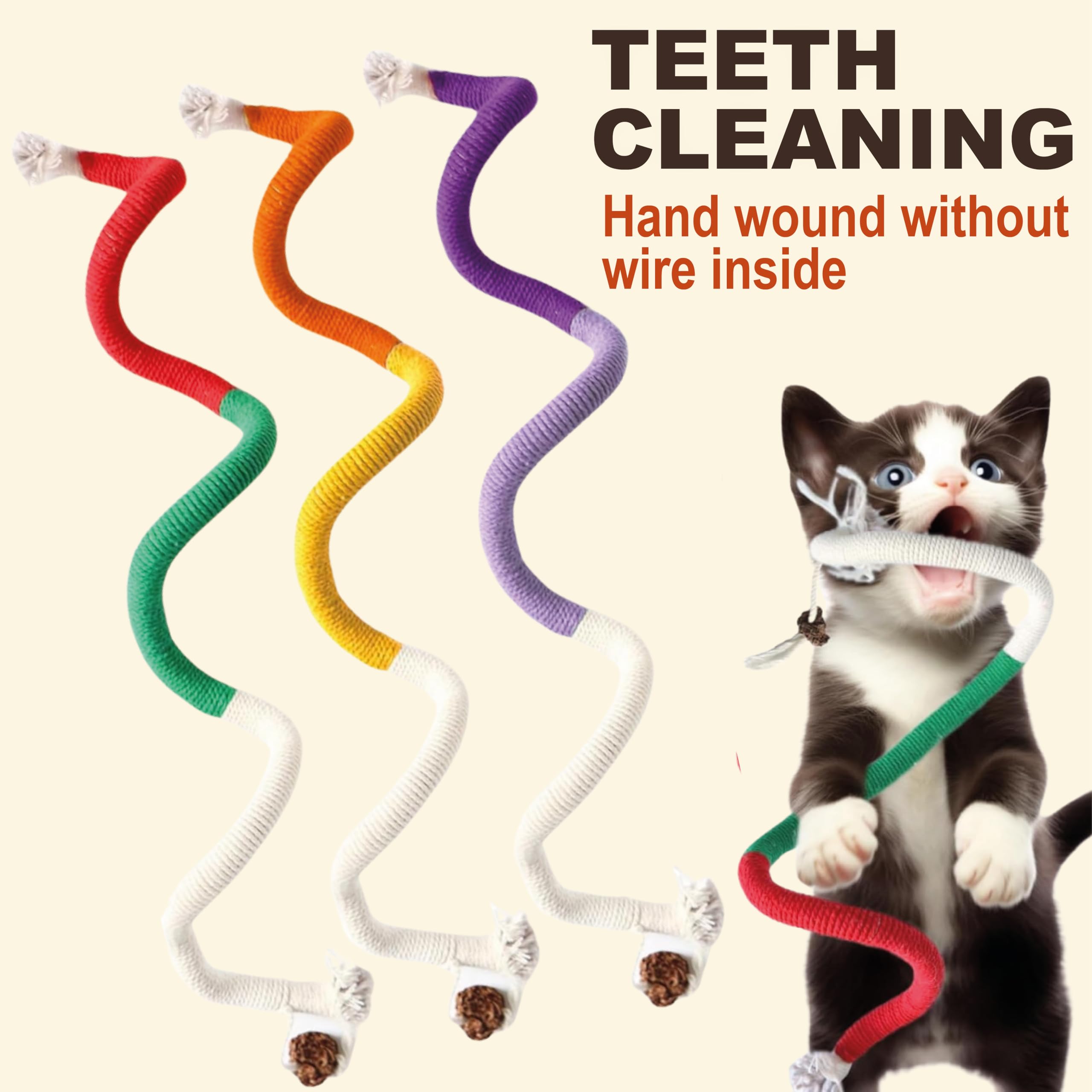 La Luz Cat Chew Ropes 3 Pack With Natural Catnip, Interactive Catnip Toys For Indoor Cats, Safe Teeth Cleaning Kitten Rope Toy,