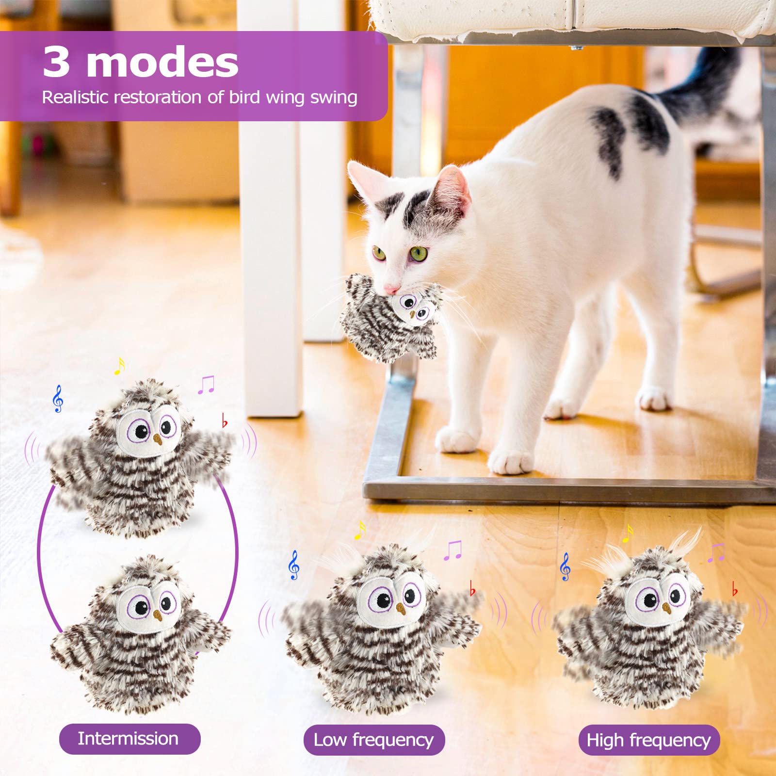 Interactive Flapping Wings Owl Cat Toys,Bird Sound Catnip Toys For Cats,Rechargeable 3 Vibration Modes Indoor Cat Toy,For Preven