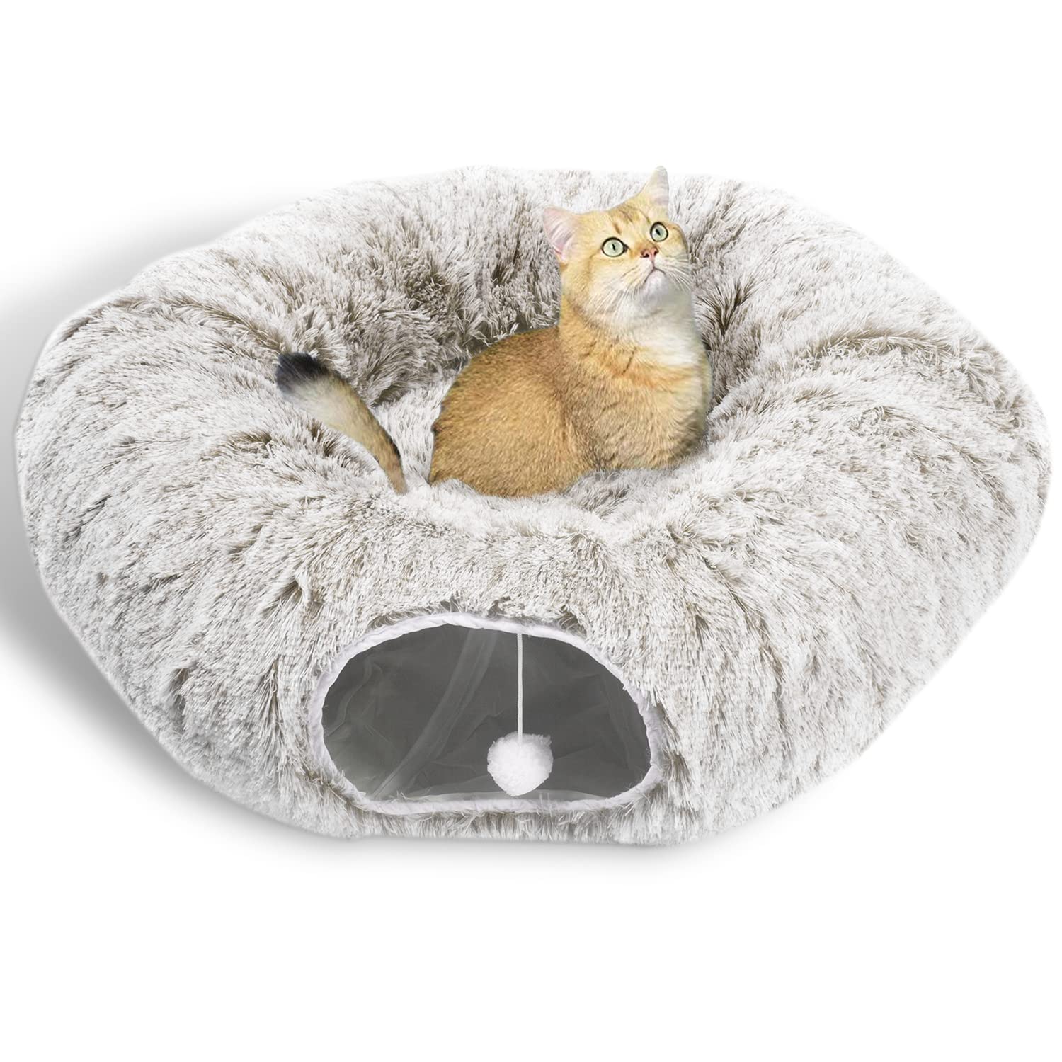 Auoon Cat Tunnel Bed With Central Mat,Big Tube Playground Toys,Soft Plush Material,Full Moon Shape For Kitten,Cat,Puppy,Rabbit,Ferret (Khaki)