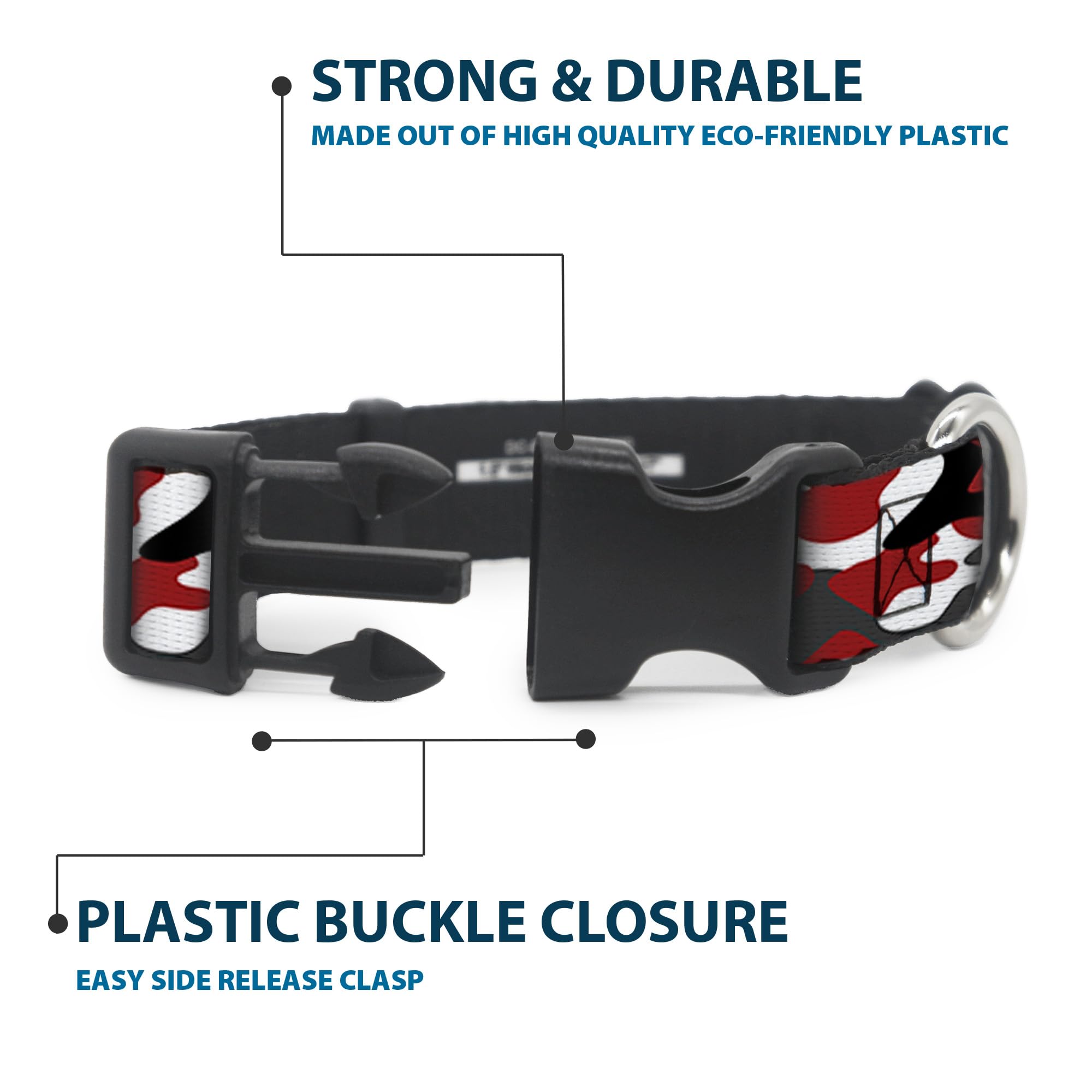 Buckle-Down Dog Collar Plastic Clip Camo Red Black Gray White 9 To 15 Inches 1.0 Inch Wide