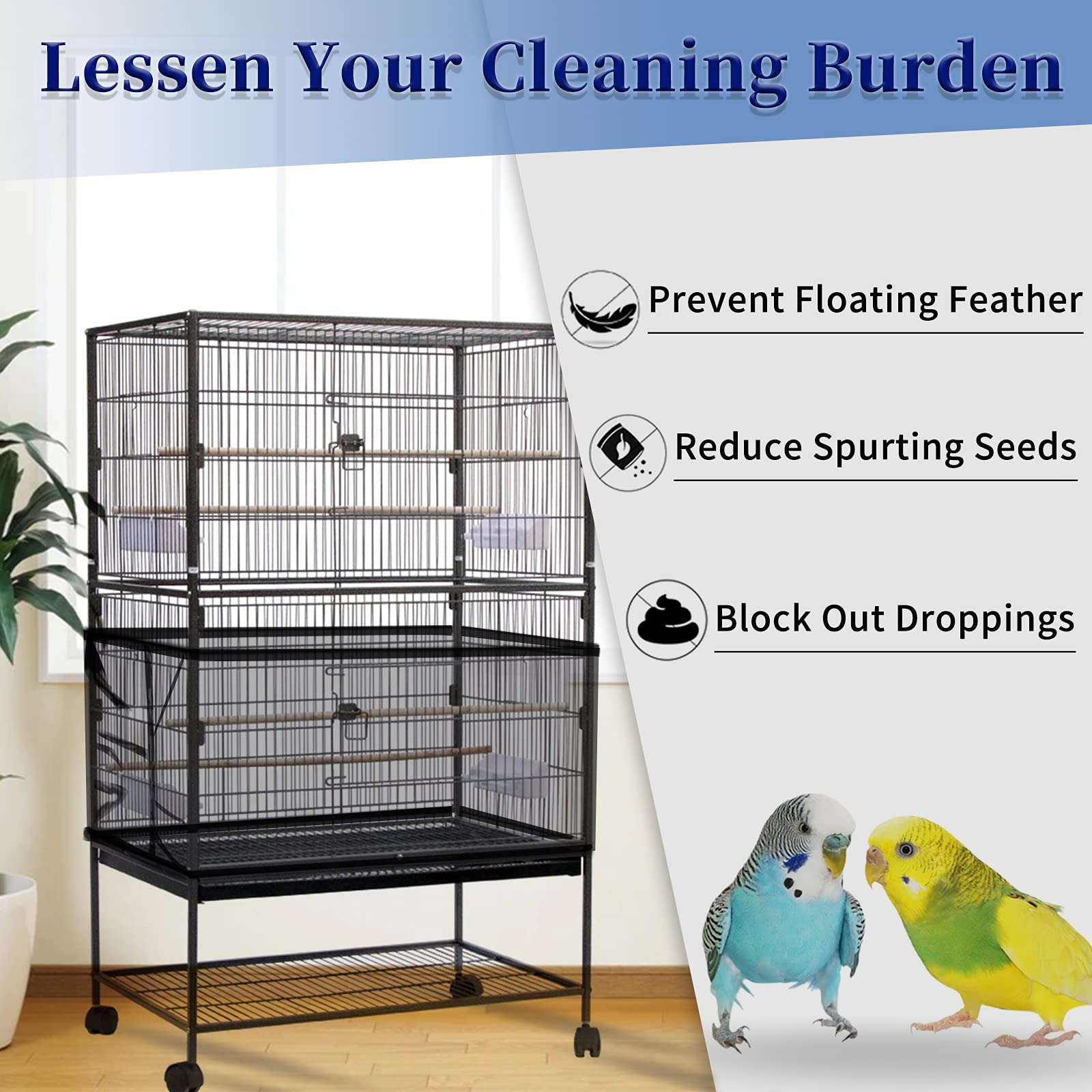 Daoeny Large Bird Cage Cover, Bird Cage Seed Catcher, Adjustable Soft Airy Nylon Mesh Net, Birdcage Cover Skirt Seed Guard For Parrot Parakeet Macaw African Round Square Cages (Black)