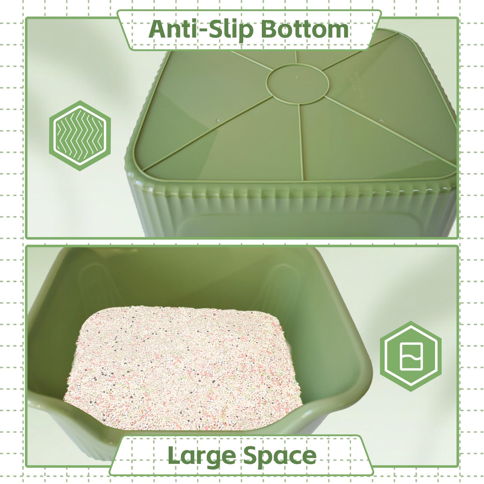 MUYG Large Cat Litter Box, Green, 21.45x16.14x10.43 IN, High Sides, Easy Clean, Low Entry, Polypropylene, Model BHG053