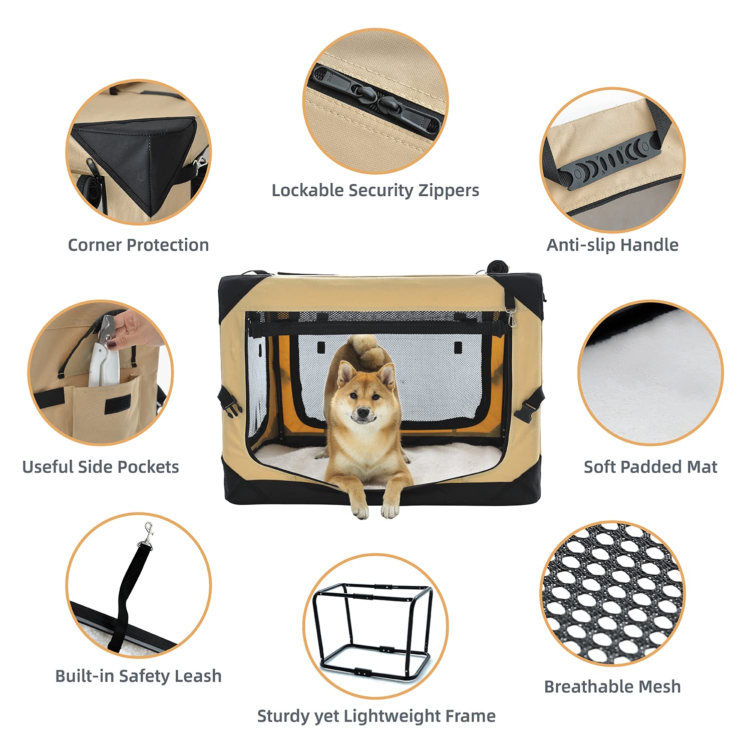 Pettycare 30 Inch Collapsible Dog Crate For Medium Dogs, 4-Door Foldable Soft Dog Kennel With Chew Proof Mesh Windows, Indoor & Outdoor Travel Dog Crate, Soft Side Dog Crate,Beige