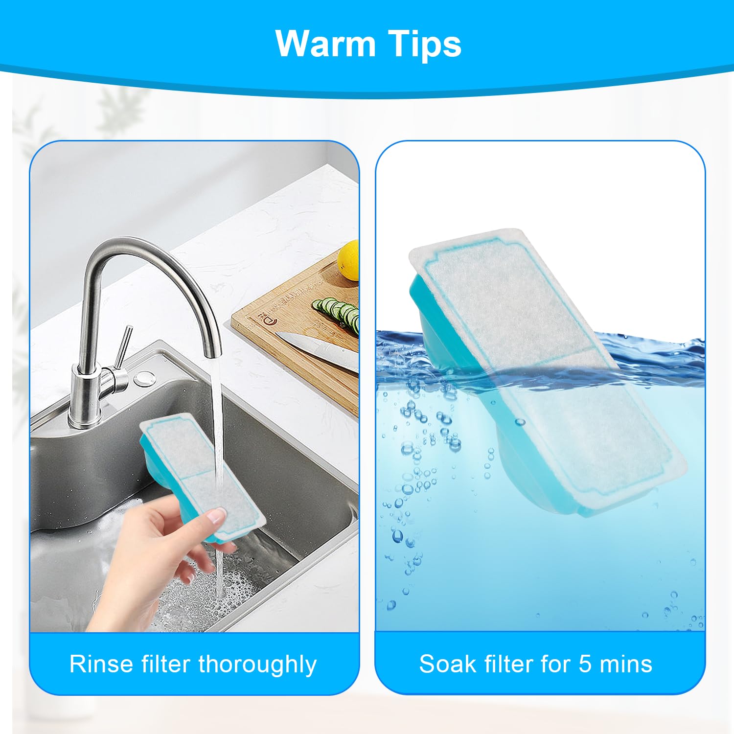 NautyPaws Cat Water Fountain Filter, 108oz/3.2L Stainless Steel, Battery Operated, Includes 6 Filters & 6 Sponges, Blue