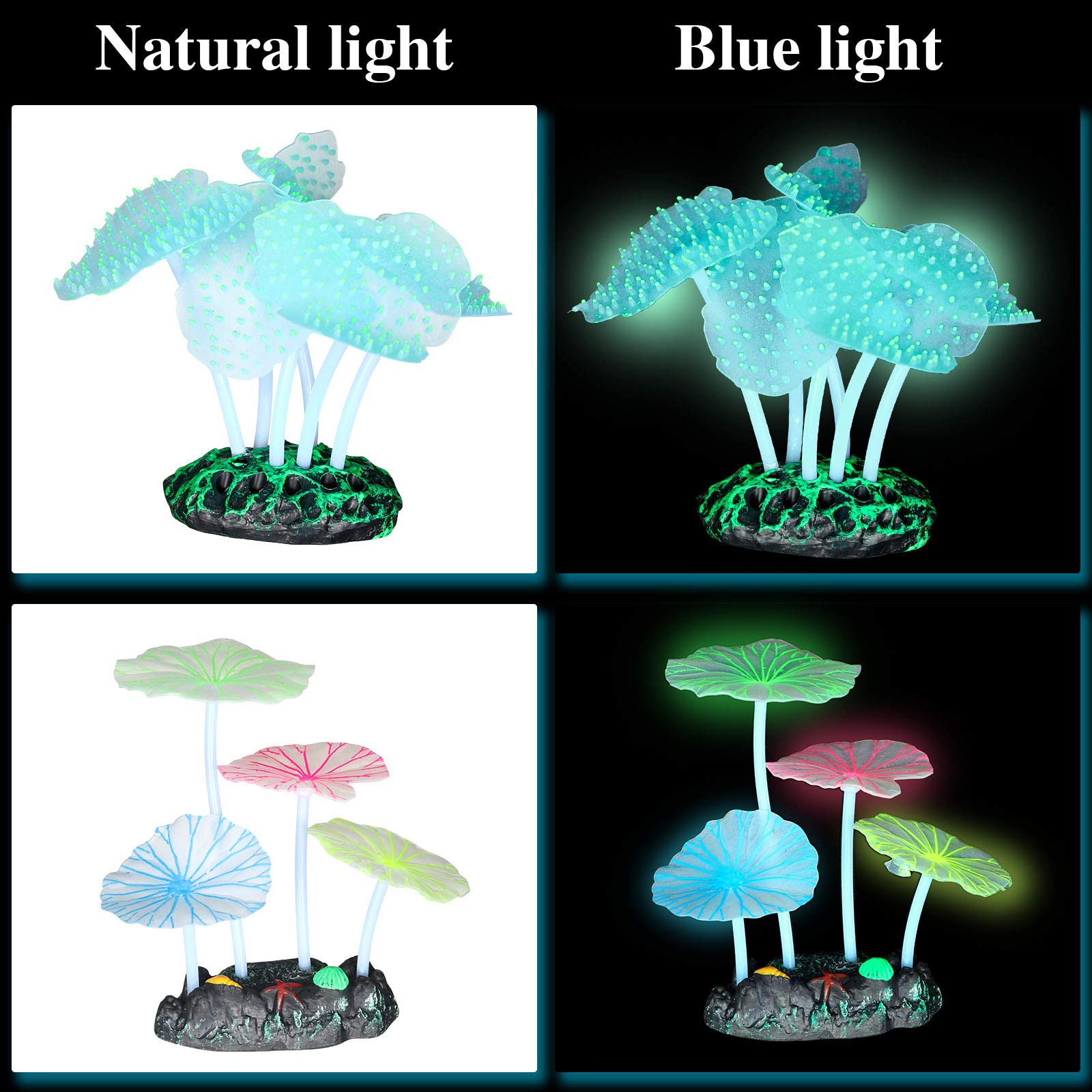 Frienda 8 Pieces Glowing Fish Tank Decorations Plants with 2 Style Glowing Kelp, Sea Anemone, Simulation Coral, Jellyfish, Lotus
