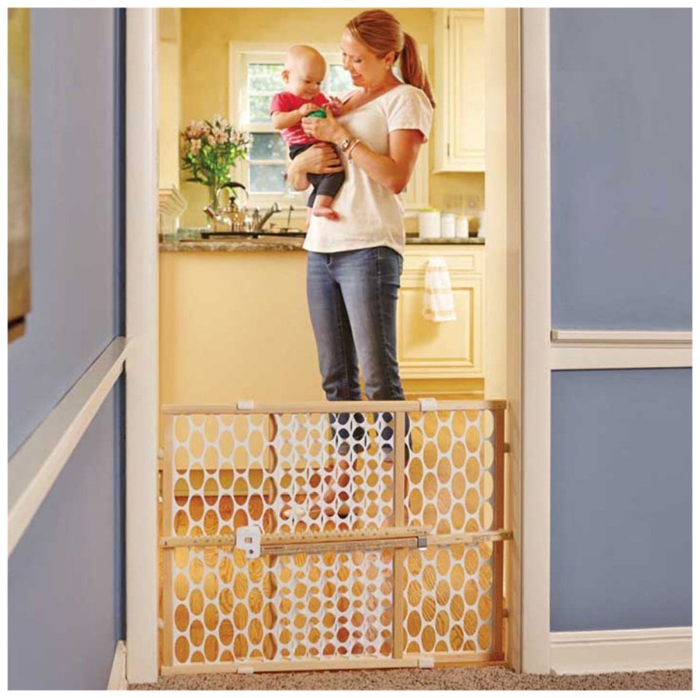 Toddleroo By North States Quick Fit Oval Mesh Wooden Baby Gate: 26.5'- 42' Wide. Pressure Mounted Baby Gate For Doorway. Tension Lever For Quick Custom Fit. (23' Tall, Sustainable Hardwood)