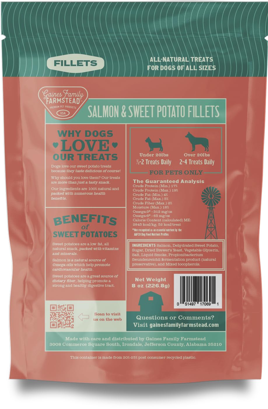 Gaines Family Farmstead Salmon & Sweet Potato Fillets, All-Natural Dog Treats - Wild Caught Alaskan Salmon, Soft Chew, Limited I