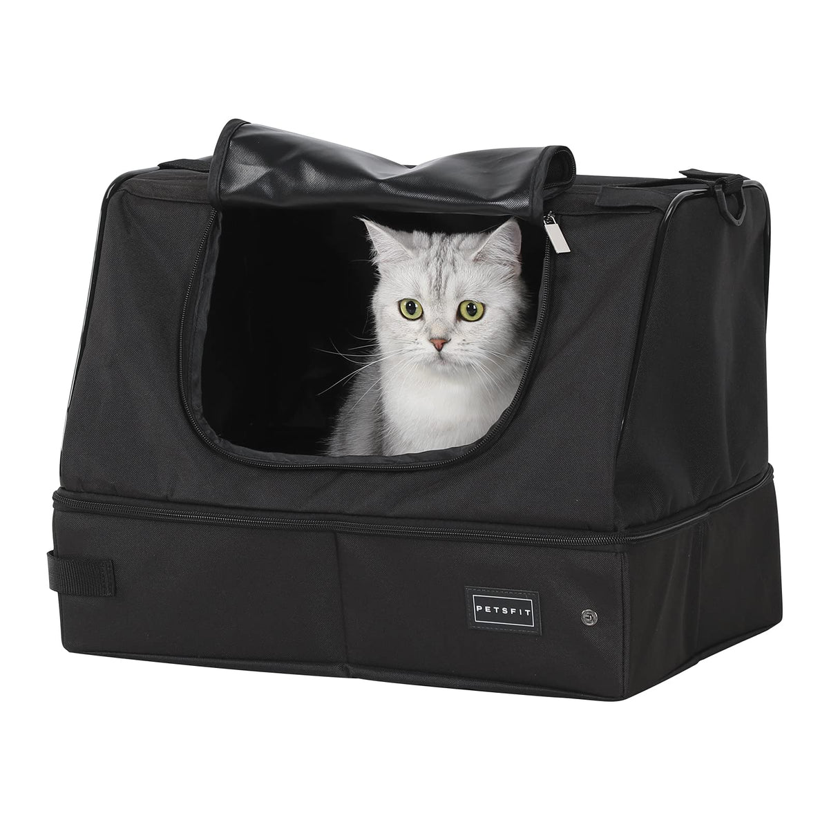 Petsfit Upgrade Travel Portable Cat Litter Box For Medium Cats & Kitties,Leak-Proof, Lightweight, Foldable (Black(With Lid), 17' Lx13 Wx12.5 H)