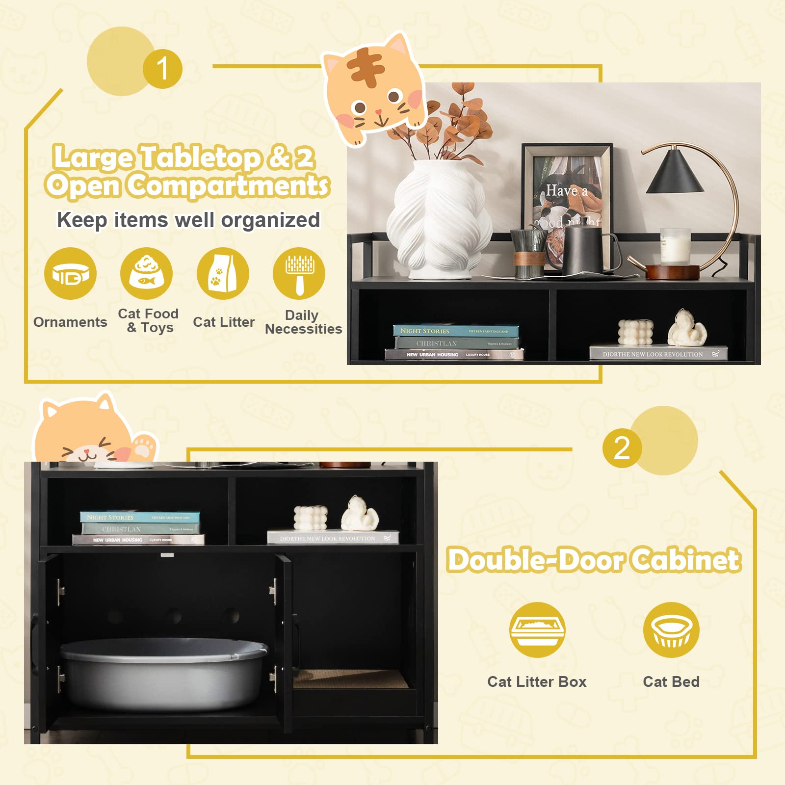 Tangkula Litter Box Enclosure, Cat Litter Box Furniture Hidden W/Metal Frame, Scratching Board, Storage Compartment, Wooden Cat Washroom, Indoor Cat House Side Table, Cat Box Cabinet (Black)