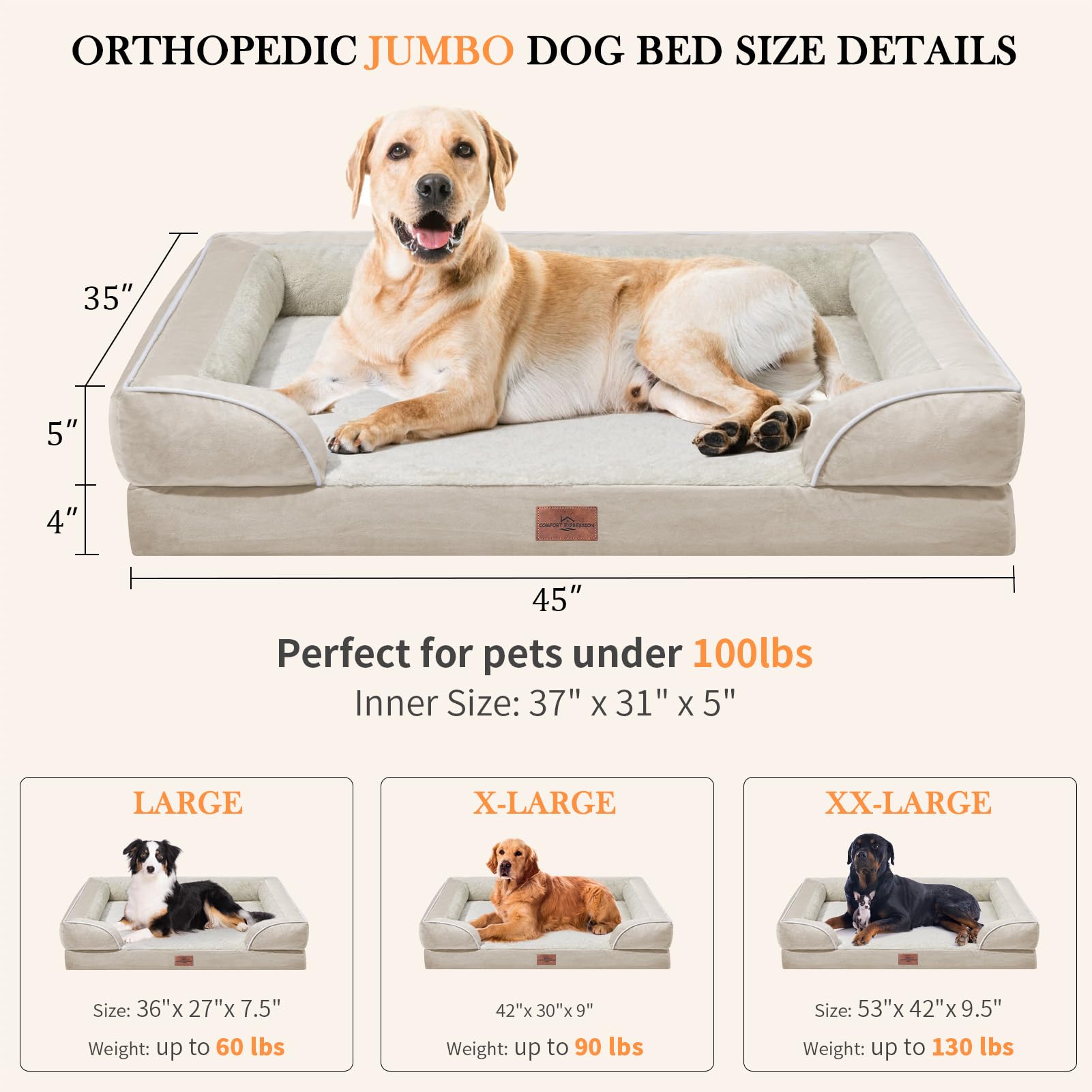 Comfort Expression Orthopedic Jumbo Dog Bed, Extra Large Dog Beds Jumbo Breed, Waterproof Dog Bed, Pv Washable Dog Sofa Bed With