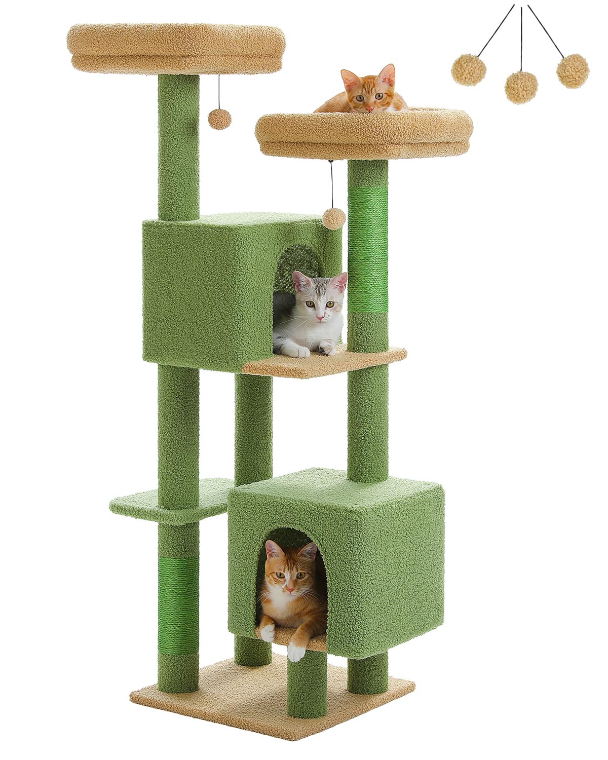 Muttros Cactus Cat Tree, 52.4'' Cat Tower For Indoor Cats, Cute Cat Tree With 2 Padded Perches, 2 Condos & 2 Scratching Posts, G