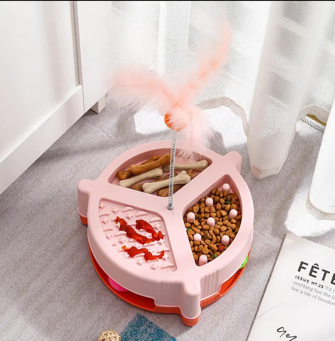 Interactive Cat Toy Feeding Bowl With Feather Wand, 3Section Food Puzzle, 23.5X9.4X36Cm, By Pet & Vet. Colour May Vary.