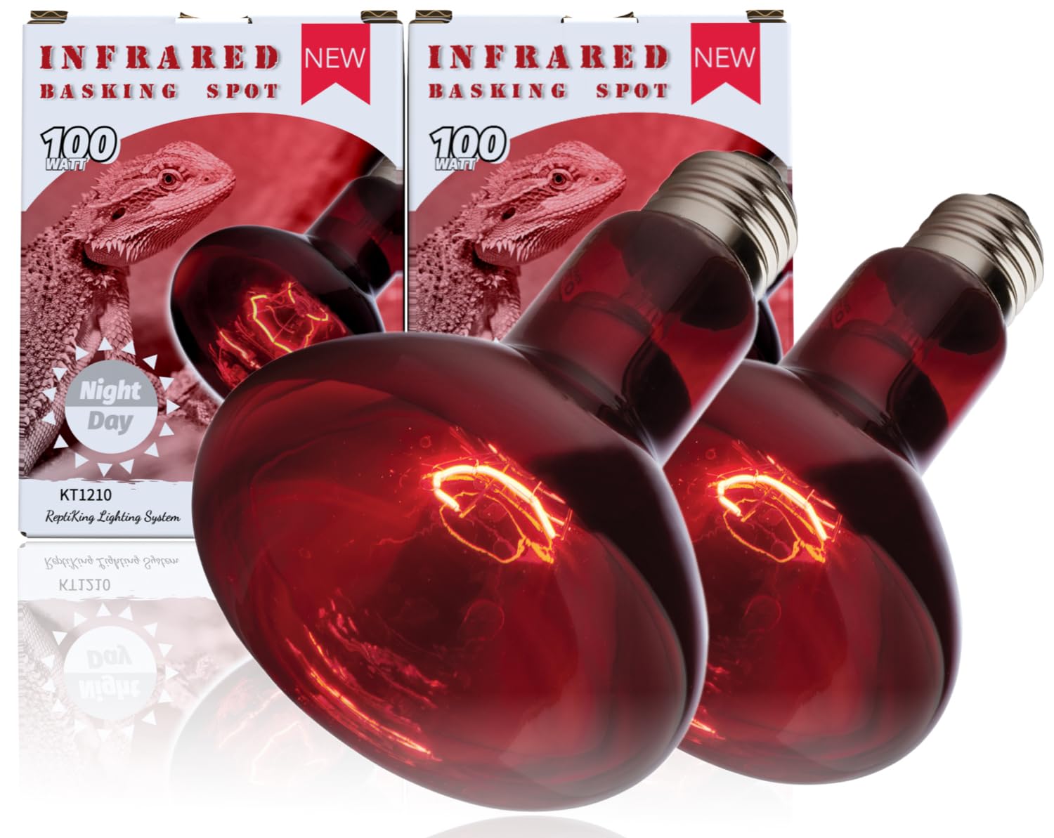 ReptiKing Red Basking Bulb for Reptiles, 2 Pack 100W Upgraded Infrared Basking Spot, Reptile Night Heating Bulb Light, Red Heat 