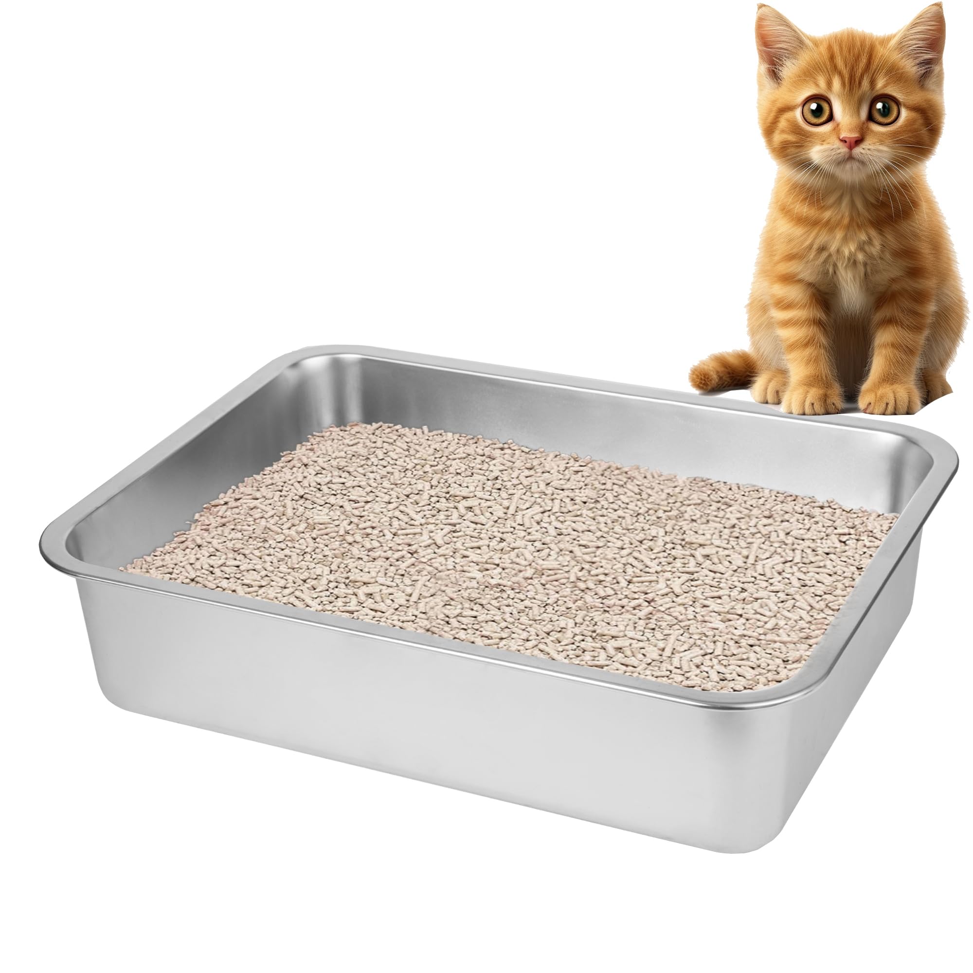 Stainless Steel Cat Litter Box For Big Cats,Small Stainless Steel,Large Metal Cat Litter Box-Easy To Clean.(17.5'' L X 13.6'' W 