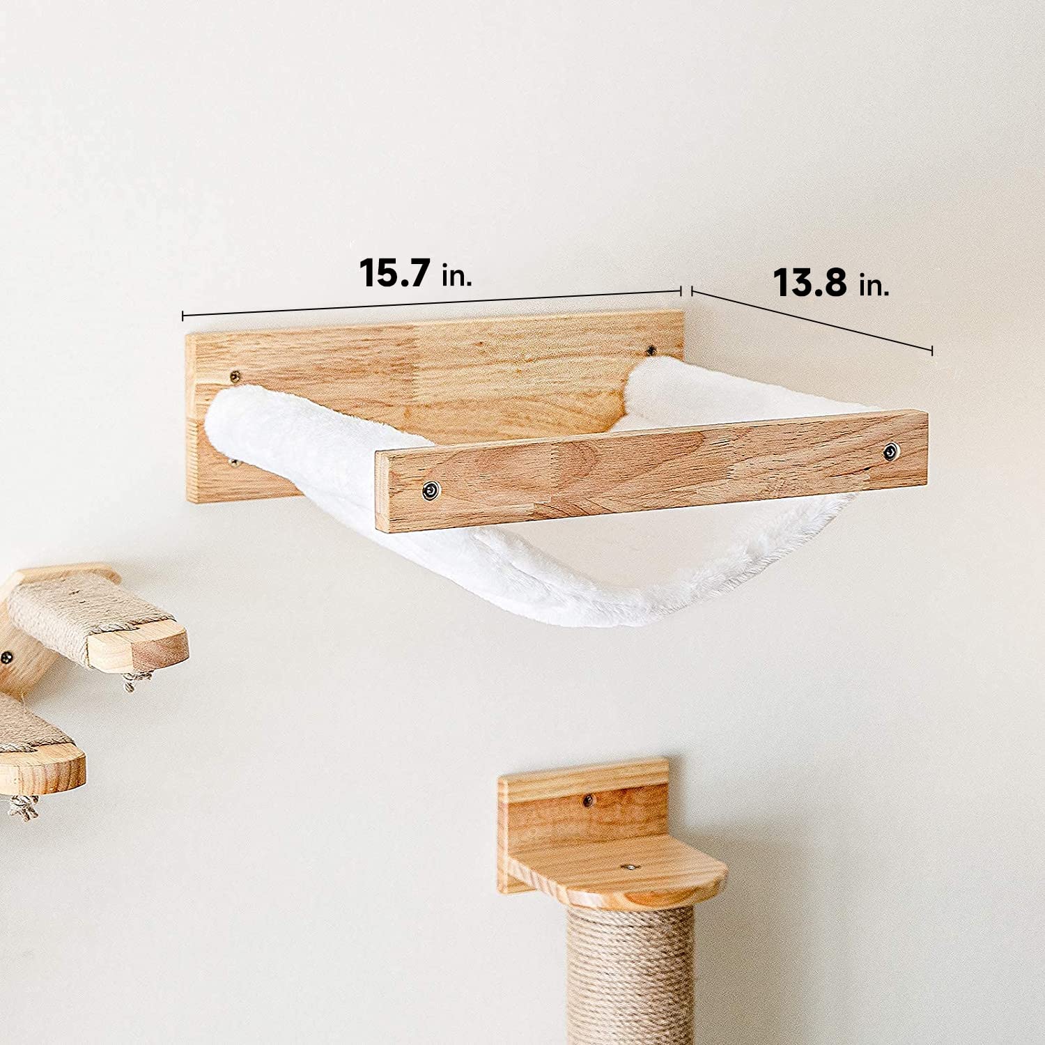 Fukumaru Cat Hammock Wall Mounted, Kitty Beds And Perches, Wooden Cat Wall Furniture, Stable Cat Wall Shelves For Sleeping, Playing, Climbing, And Lounging, White Flannel Cat Shelves