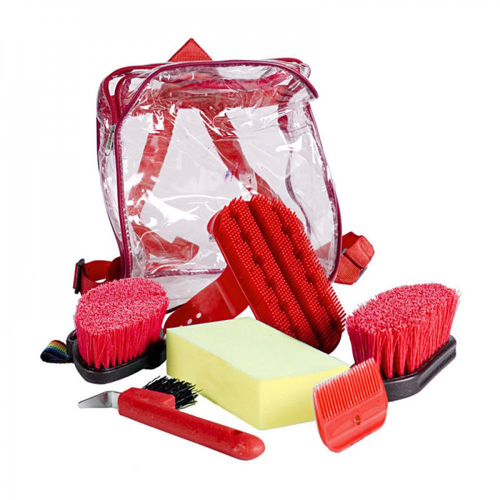 Horze Backpack Easy-Carry Horse Grooming Set With Six Soft Grip Grooming Tools - Red - One Size