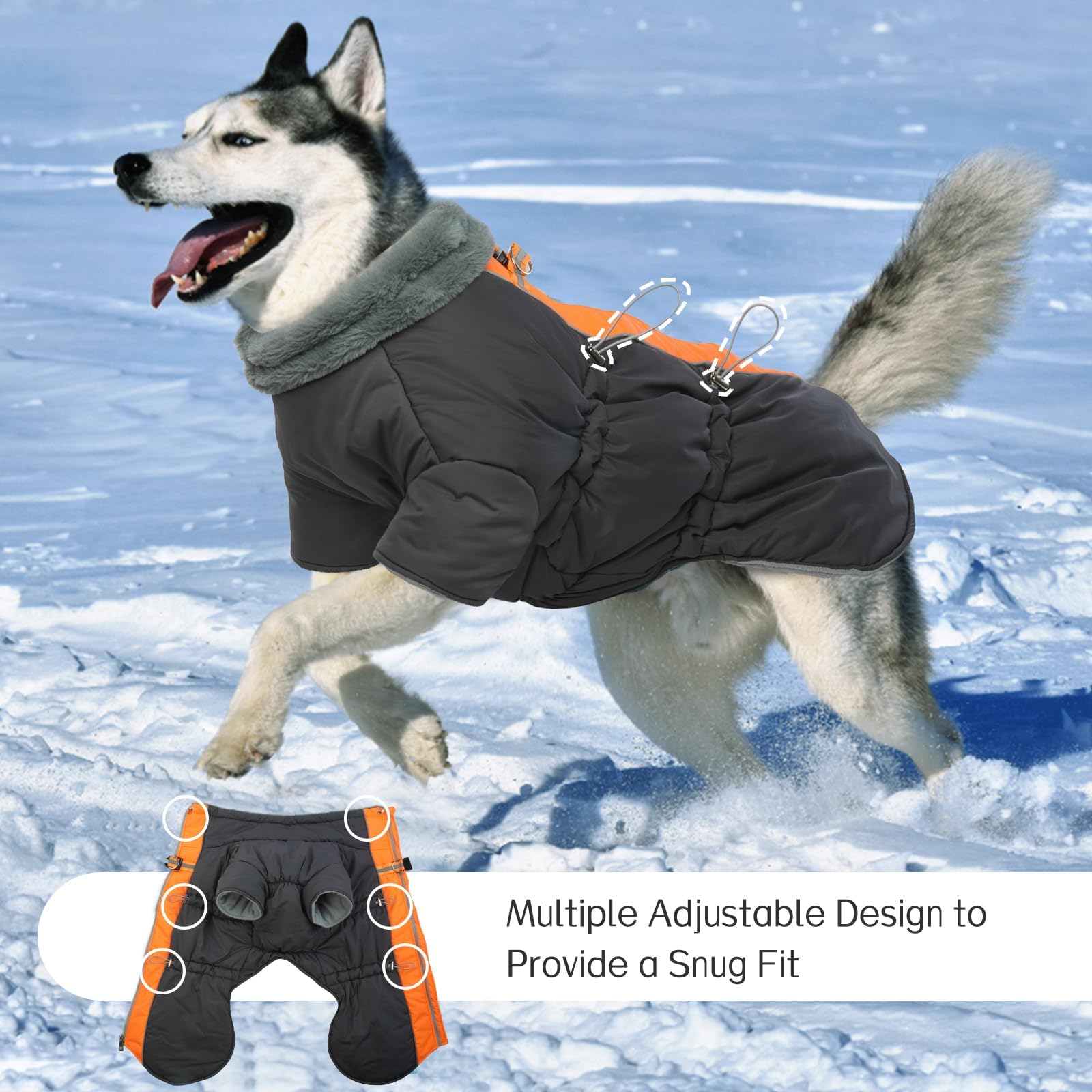 Ikipuko Dog Jacket - Winter Waterproof Dog Coat With Fleece Lining, Reflective Stripe, Zip Up Harness, High Collar Snowsuit (Gre