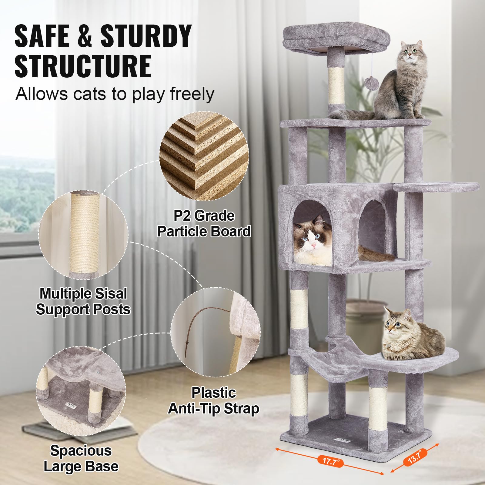 VEVOR Cat Tree 60.6 Cat Tower with Cat Condo Sisal Scratching Post Light Grey