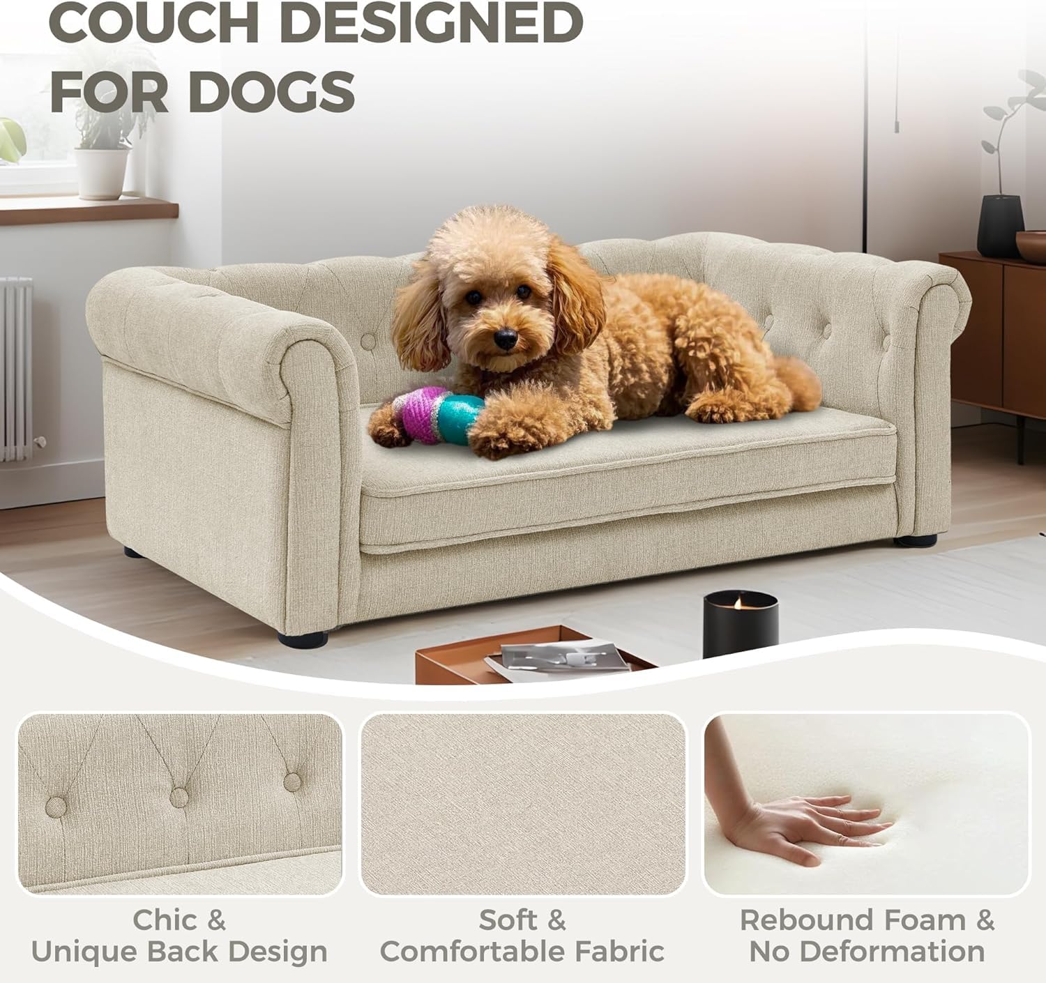 WCFI 39 Dog Couch Bed with Legs, Durable Elevated Pet Couch with 29 W Memory Foam, Dry Cleanable Fabric, Dog Sofa Bed for Large,