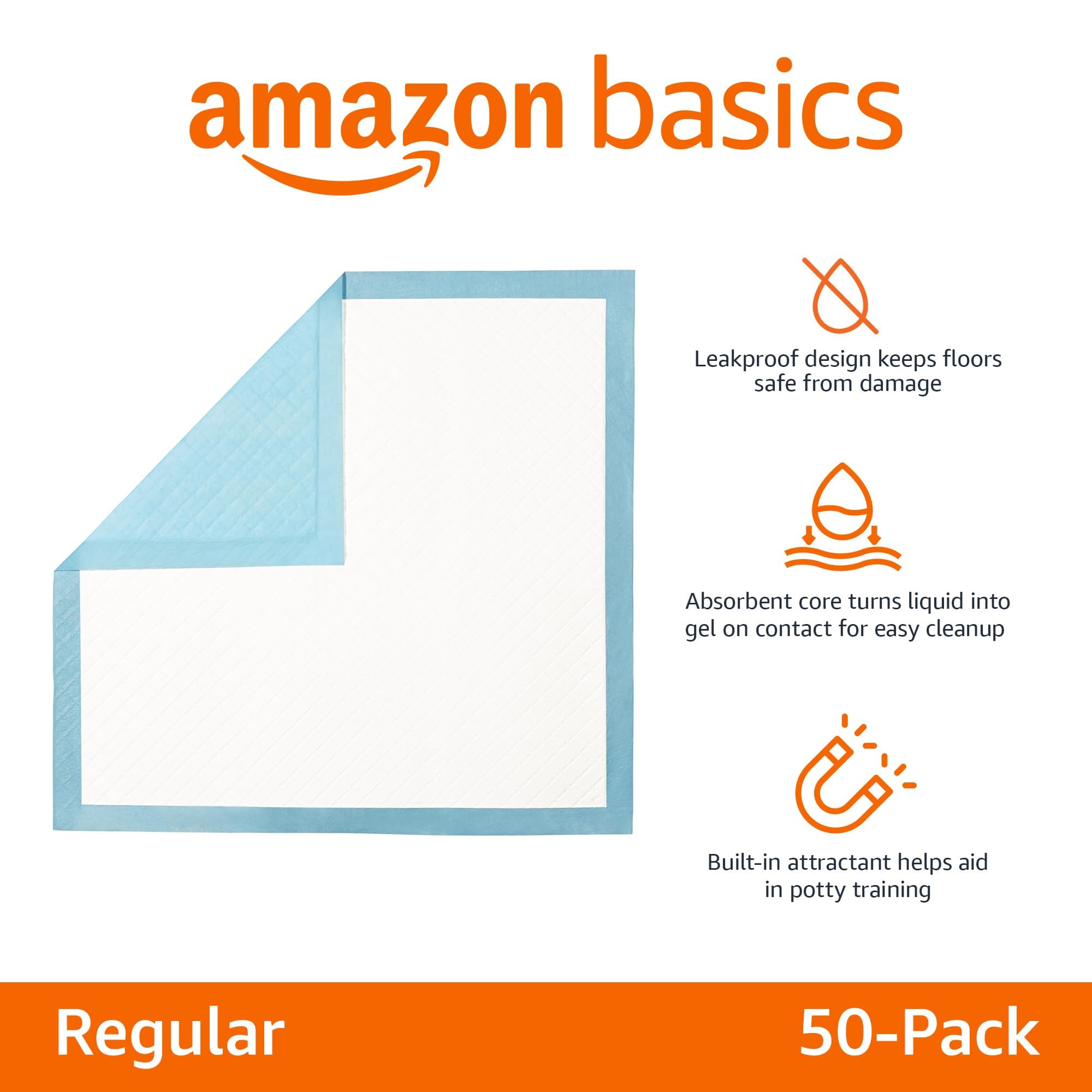 Amazon Basics Leakproof, Absorbent, Disposable Puppy Pads for Potty Training, Heavy Duty Absorbency, Regular Size, 24 x 23 Inche