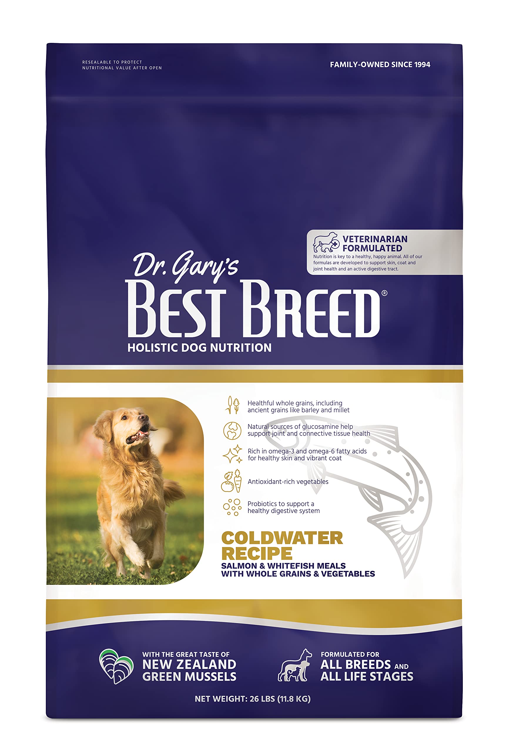 Dr. Garys Best Breed Coldwater Recipe Slow-Cooked in USA, Natural Dry Dog Food for All Breeds and Sizes, 26lbs.