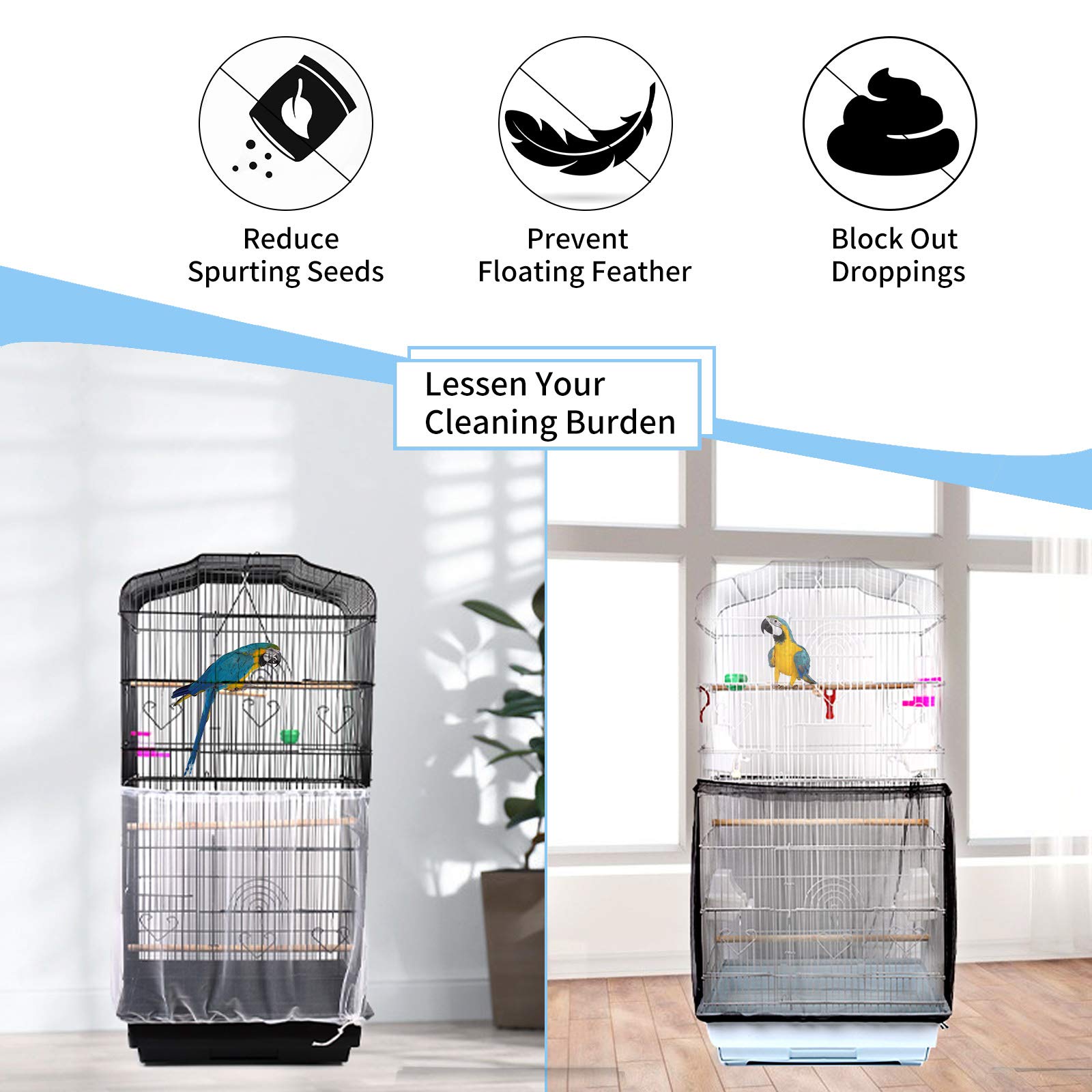 Daoeny Universal Bird Cage Cover, Adjustable Parrot Nylon Airy Soft Mesh Net, Seed Feather Catcher, Birdcage Cover Skirt Sheer Guard For Parakeet Macaw Round Square Cages (White)