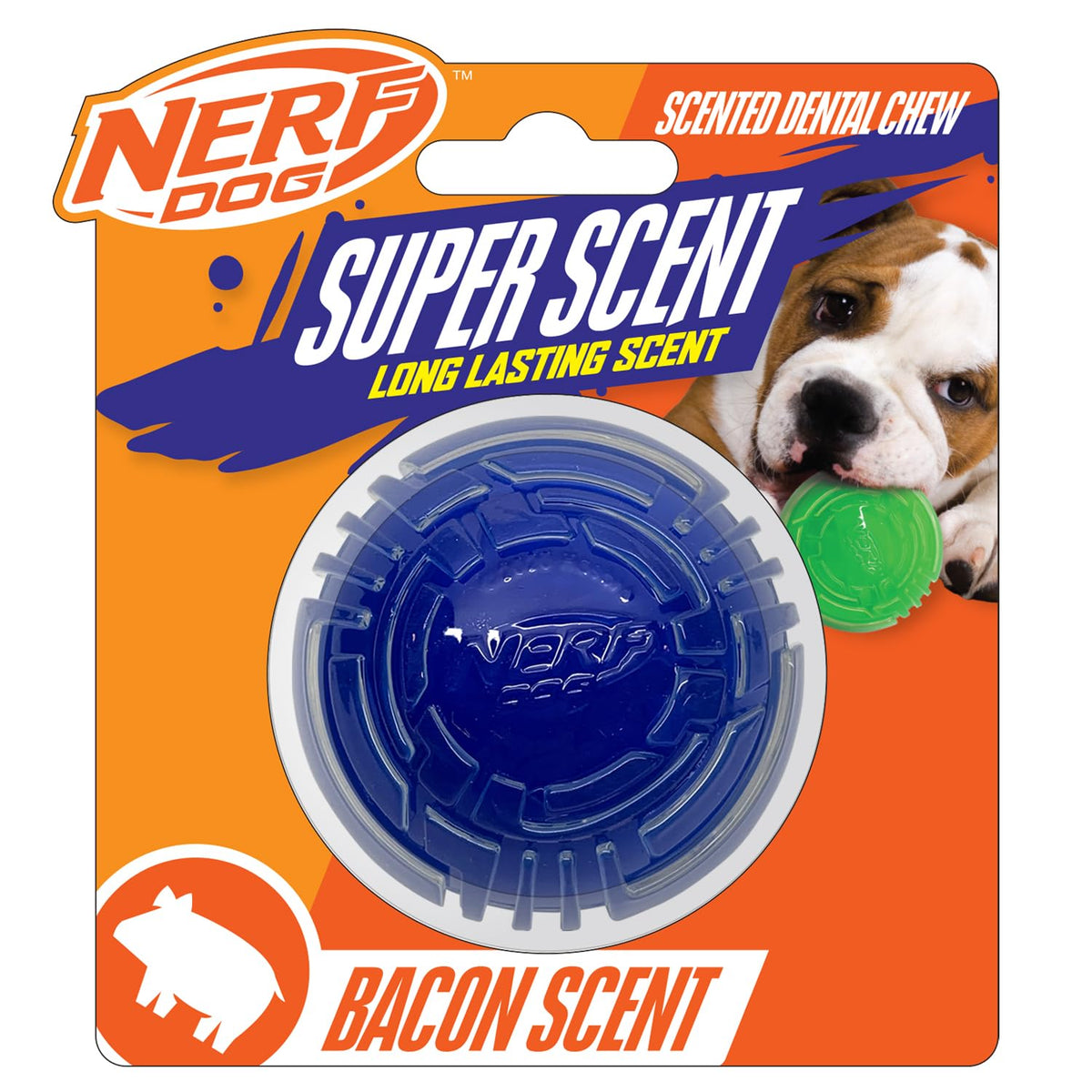 Nerf Dog 2.5In Tpr/Pp Scented Bacon Superscent Ball Solid Core -Clear/Blue