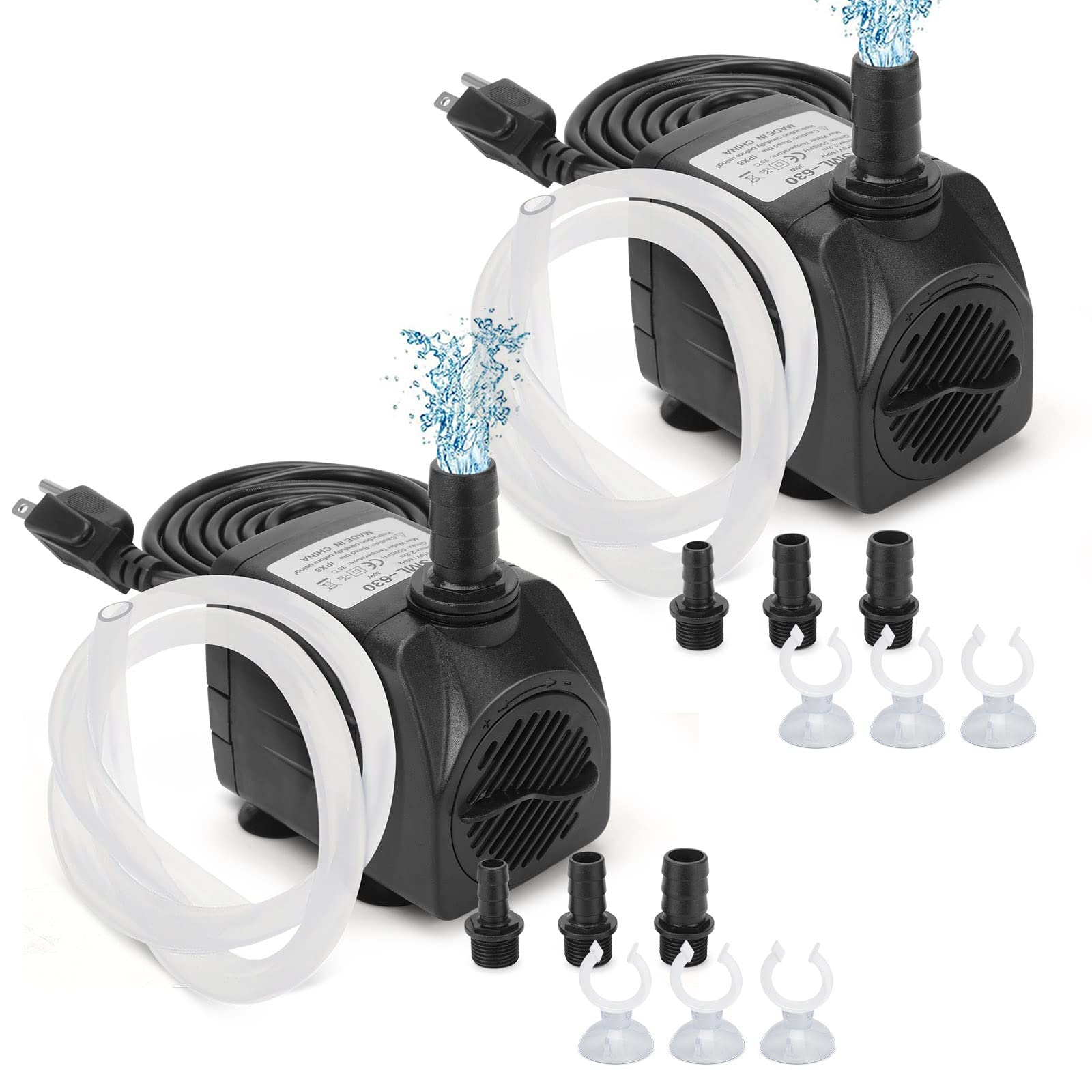 Growneer 2 Packs 550Gph Submersible Pump 30W Ultra Quiet Fountain Water Pump, 2000L/H, With 7.2Ft High Lift, 3 Nozzles, 4.9 Feet Tubing For Aquarium, Fish Tank, Pond, Hydroponics, Statuary