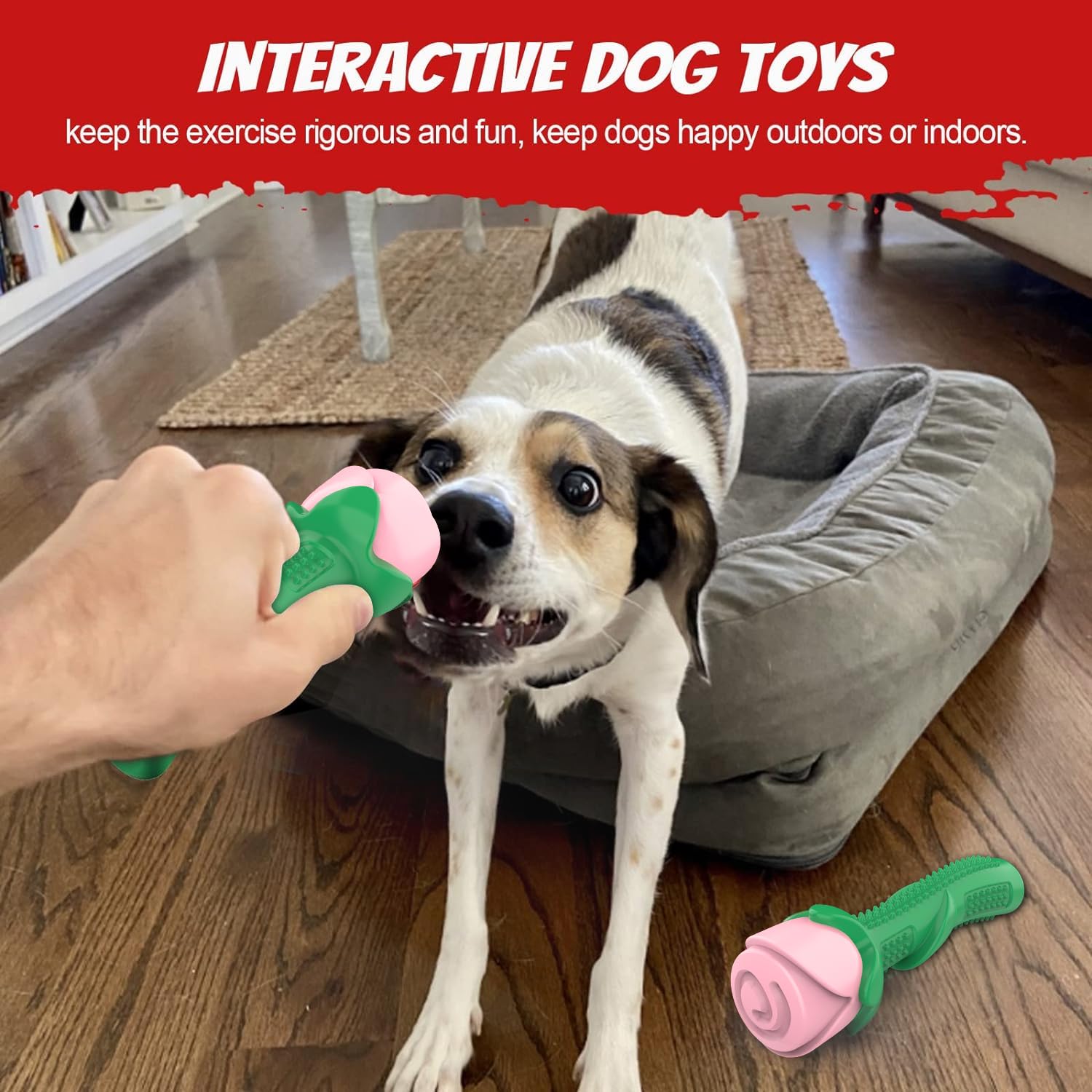 ucho Dog Toy for Aggressive Chewers, Rose Shaped, Light Pink, Interactive Chew Toy for Training and Dental Care