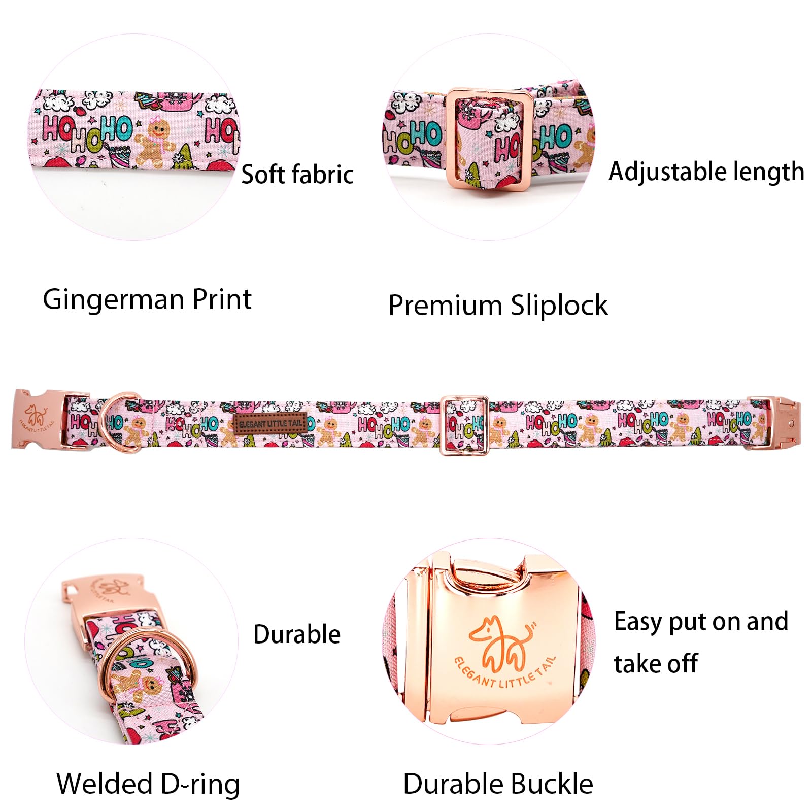 Elegant Little Tail Christmas Dog Collar, Pink Gingerbread Man Print Pet Collar Dog Durable Cute Dog Collars Winter Holiday Male