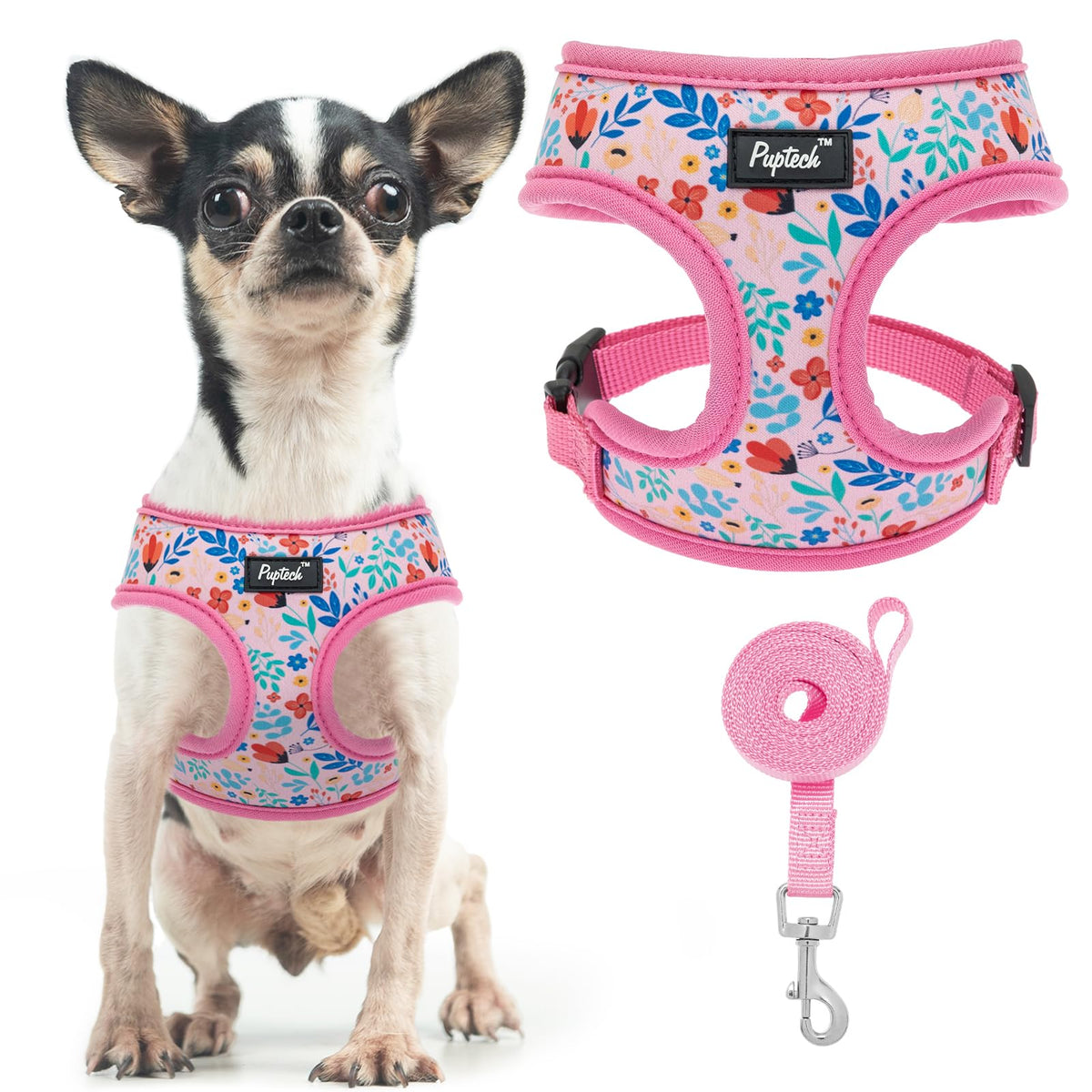 Pupteck Soft Mesh Dog Harness And Leash Set Pet Puppy Cat Comfort Padded Vest No Pull Harnesses, Pink Floral, Xs