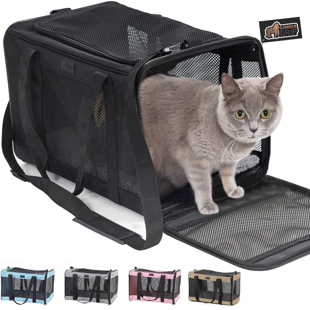 Gorilla Grip Airline Travel Cat Carrier Bag Up To 15 Lbs, Breathable Mesh Collapsible Pet Carriers For Small, Medium Cats, Small Dogs, Puppies, Portable Kennel With Soft Washable Waterproof Pad, Black