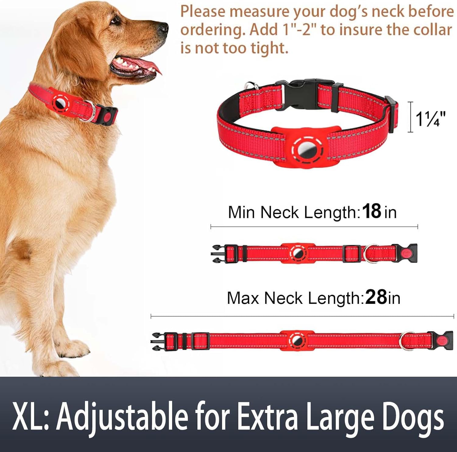 Erbine Airtag Dog Collar With Airtag Holder For Large Dogs, Reflective, Soft Padded & Safety Locking Buckle, Nylon Pet Collars Adjustable For All Breeds, Red,Xl
