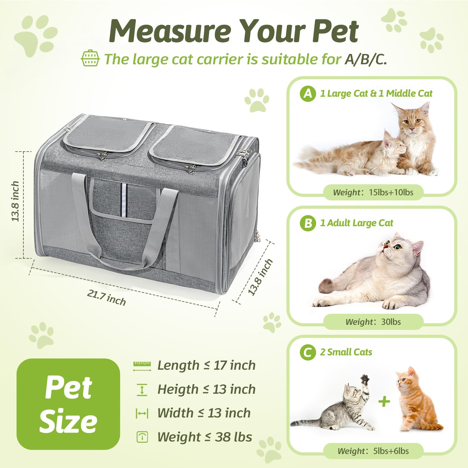 Sedioso Large Cat Carrier for 2 Cats, 21.7x 13.8x 13.8in Pet Carrier for Cat and Dog Up to 38lbs, All-Sided Mesh Cat Carrier wit