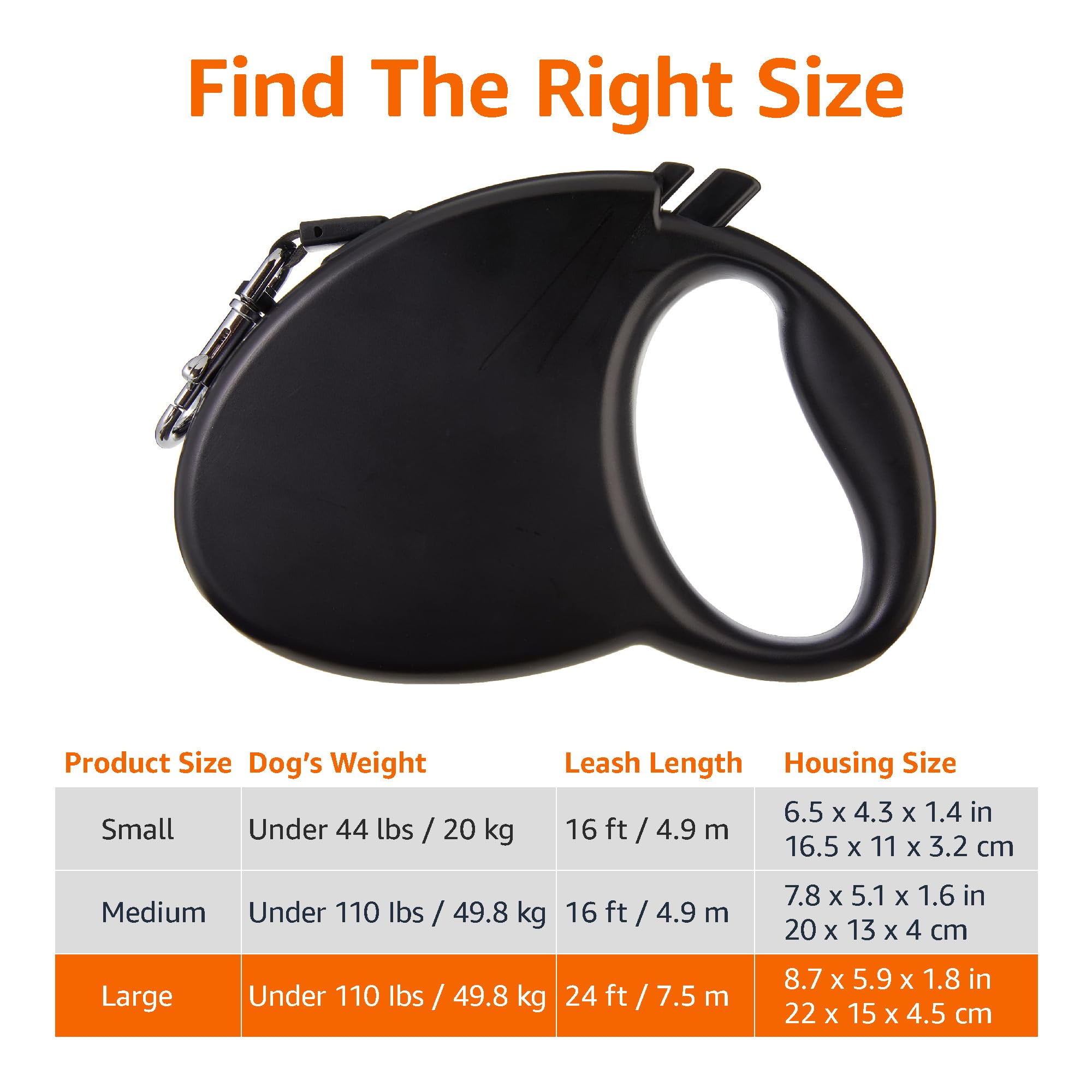 Amazon Basics Retractable Pet Leash, For Dogs Under 44 Lbs, Locking Mechanism, Large - 24Ft, Black