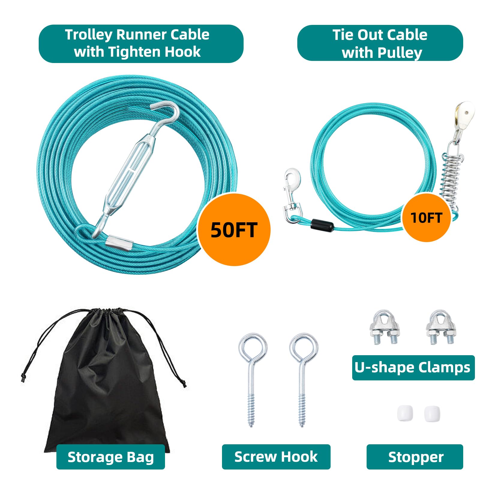 Luffwell Dog Runner For Yard - 50Ft Long Lead With 10Ft Pulley Cable, Heavy Duty For Large Dogs Up To 250Lbs, Trolley Runner Sys