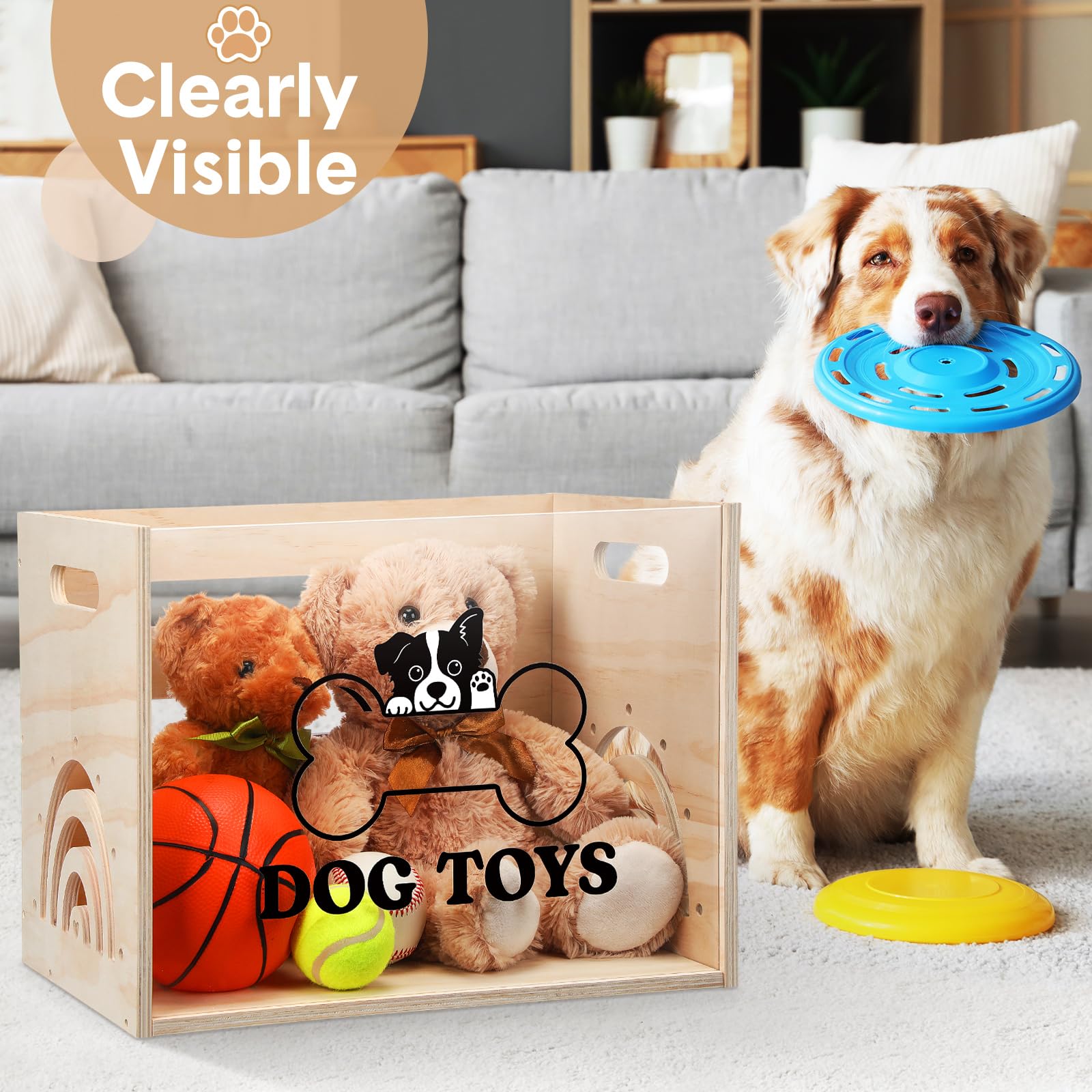 Beeveer Large Dog Toy Basket Dog Toy Box Wooden Storage Bin with Acrylic Board Storage Box for Puppy Toys Pet Food and Accessori