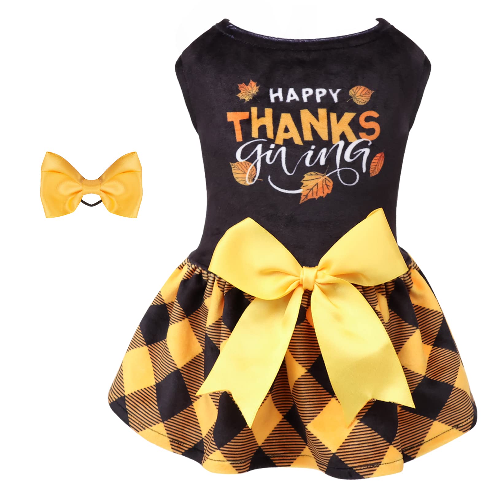 Cutebone Happy Thanksgiving Day Dog Fall Dress Costume Velvet For Small Dogs Girl Puppy Dresses Yellow Plaid Dog Clothes Cva03M-