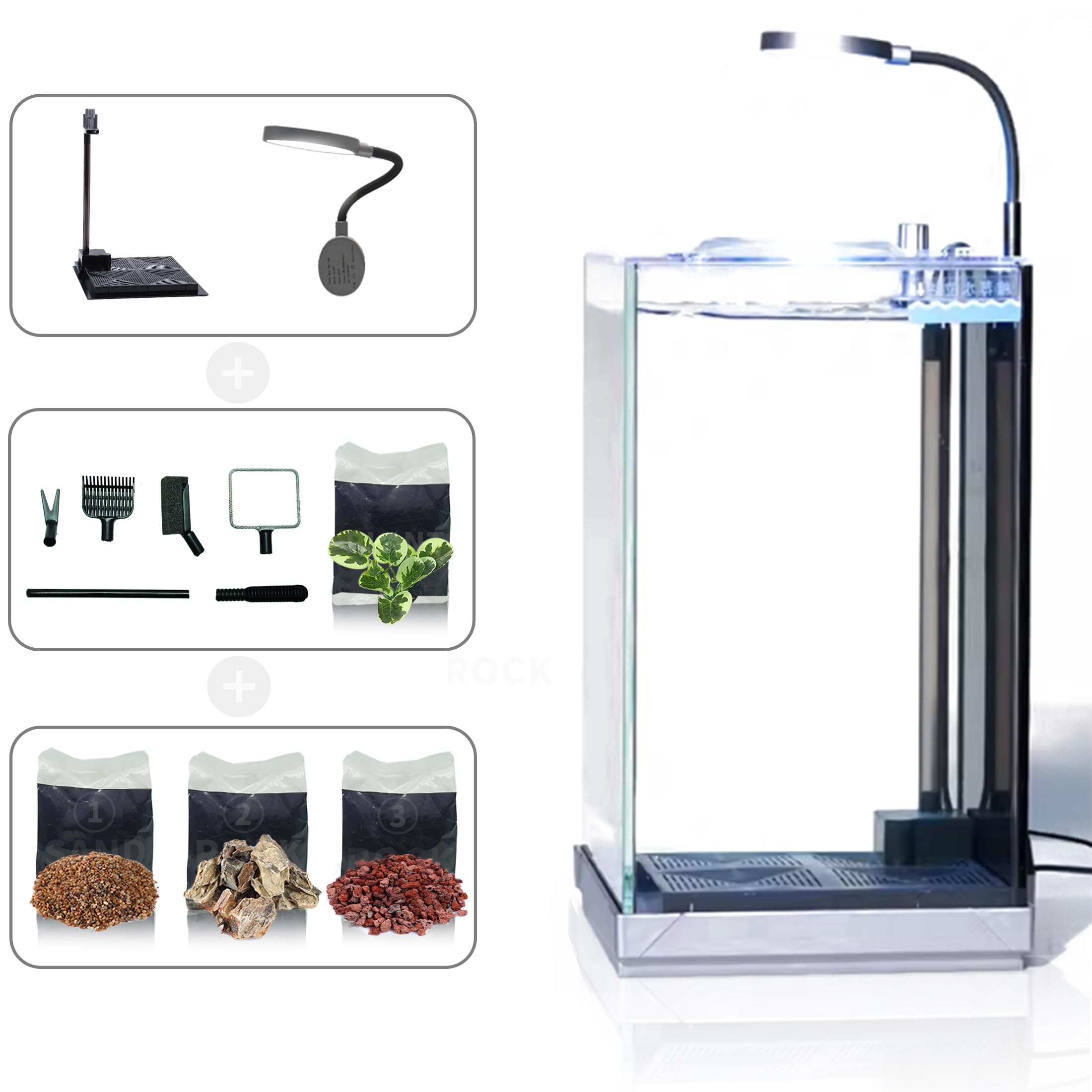 2.6 Gallon Small Aquarium, Glass Tall Desktop Betta Fish Tank AIO Starter Kit, Self Cleaning Hidden Filtration Bottom Filter wit