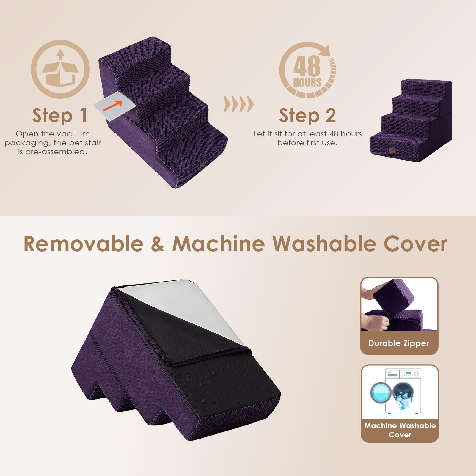 Eheyciga Dog Stairs For Bed 18”H, 4-Step Dog Steps For High Bed, Pet Steps For Small Dogs And Cats, Non-Slip Balanced Dog Indoor Ramp, Purple