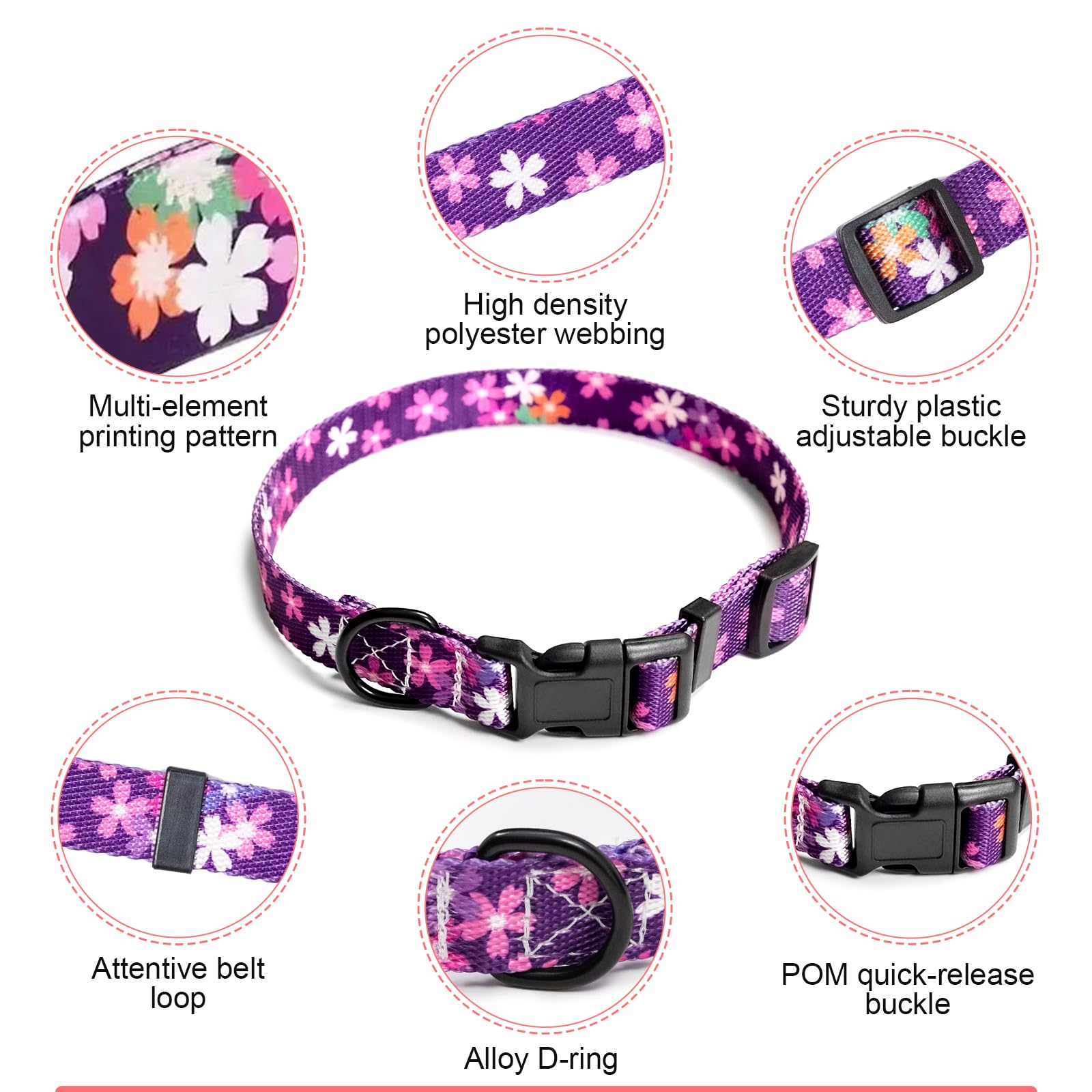 Jestrem Dog Collar, Cute Adjustable Soft And Comfortable With Printed Pattern Pet Collar For Small Medium Large Dog, Purple