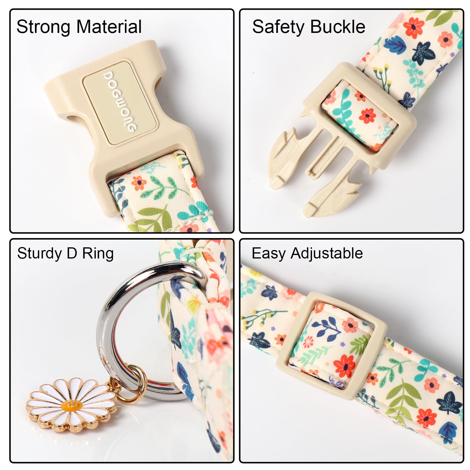 Dogwong Spring Summer Floral Cotton Dog Collar, Pink Flower Dog Collar Durable Soft Fabric Pet Dog Collars Cute Girl Female Pupp