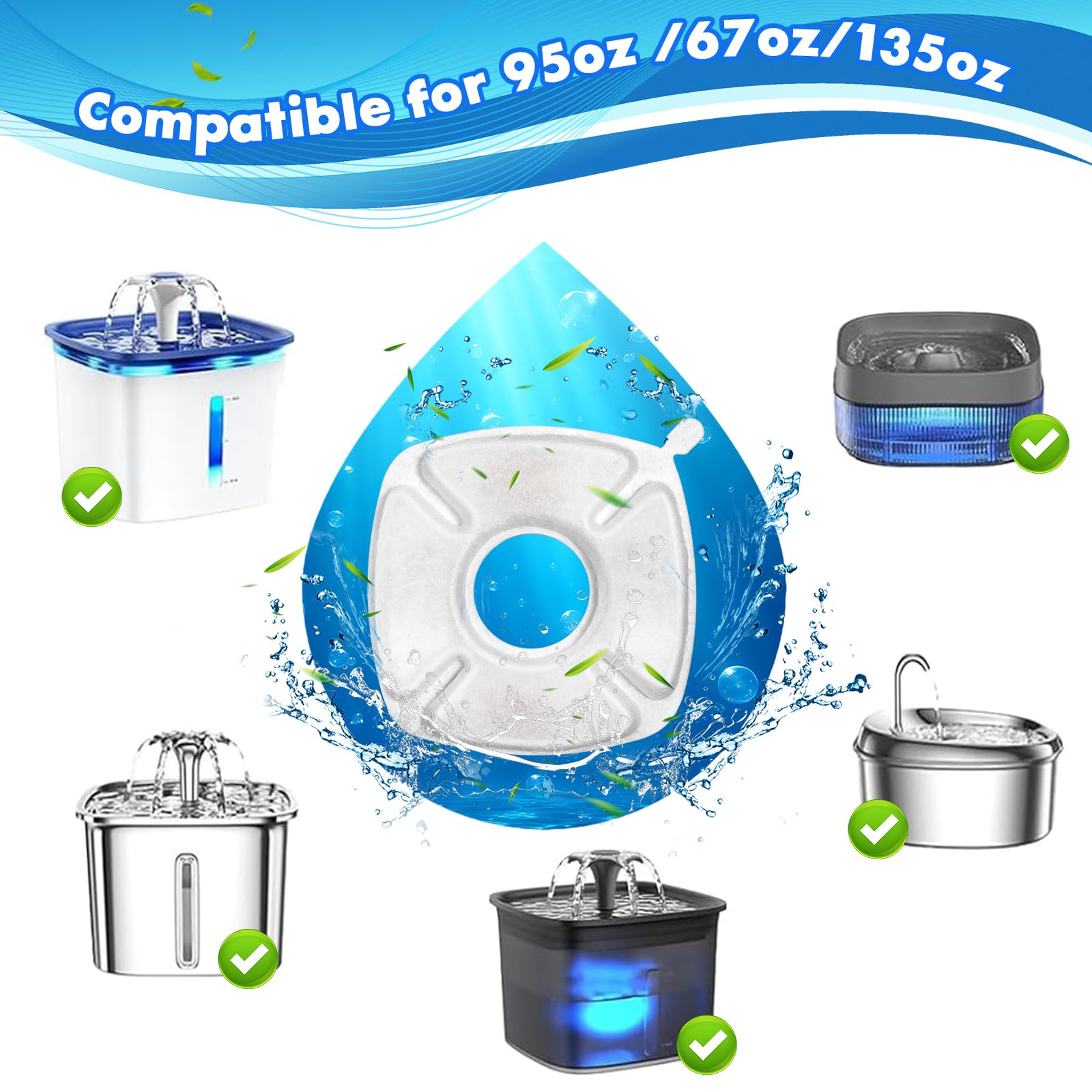 8 Pcs Cat Water Fountain Replacement Filters, 4 Pack Filters 4 Pack Pre- Sponges Fit For 67Oz, 95Oz, 135Oz Automatic Pet Fountai