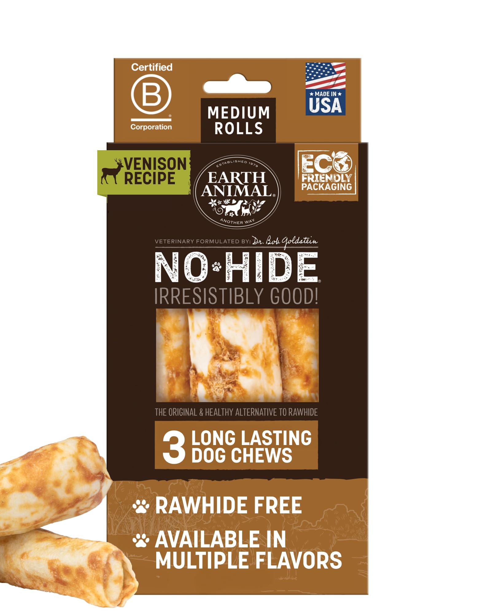 Earth Animal No Hide Chews - Long Lasting Rawhide Free Medium Dog Chews Rolls, Venison - 3 Count Value Pack