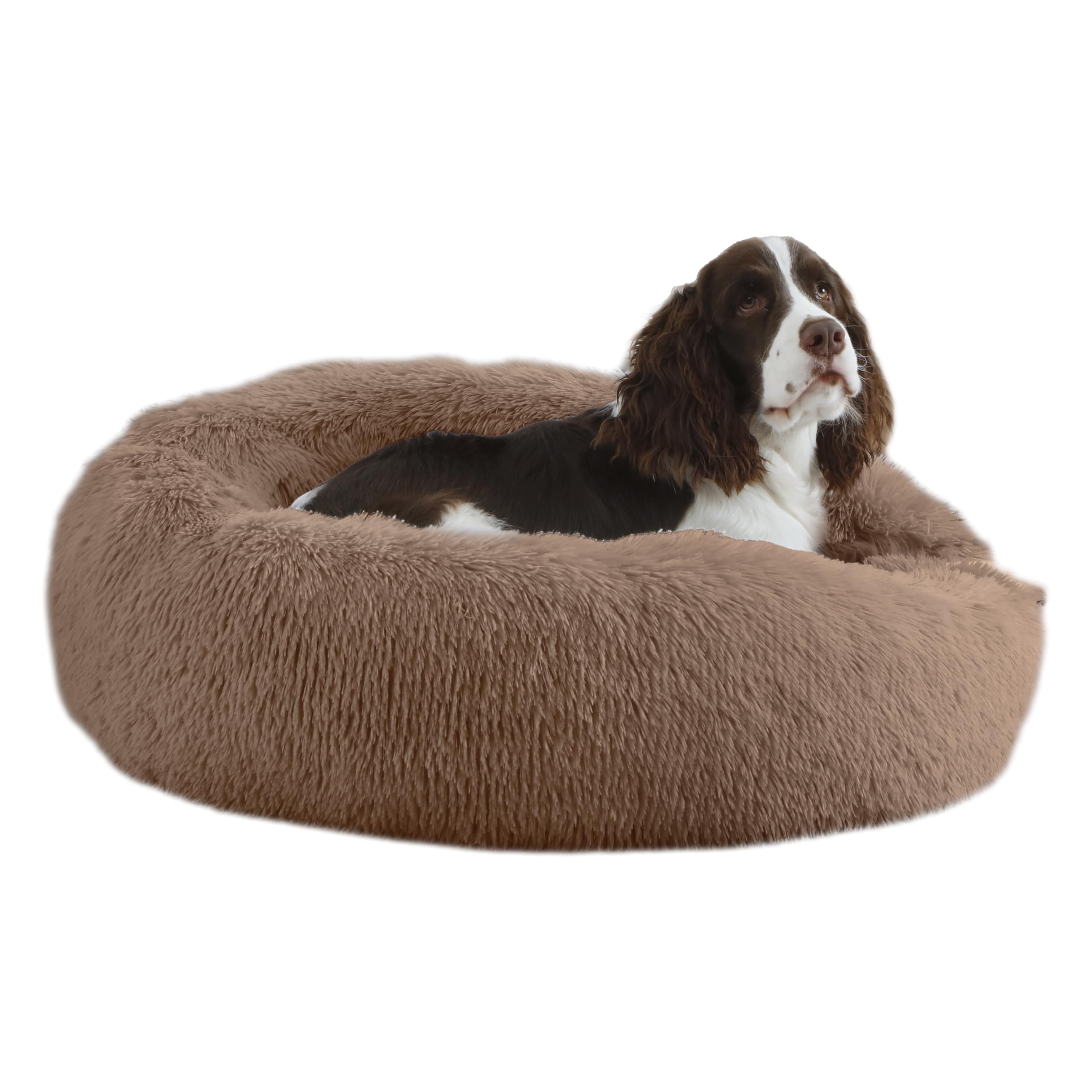 Bunlitent 30'' Inch Calming Dog Bed, Plush Anti-Anxiety Donut Dog Bed For Small Medium Dogs, Warming Cozy Soft Cute Round Washab