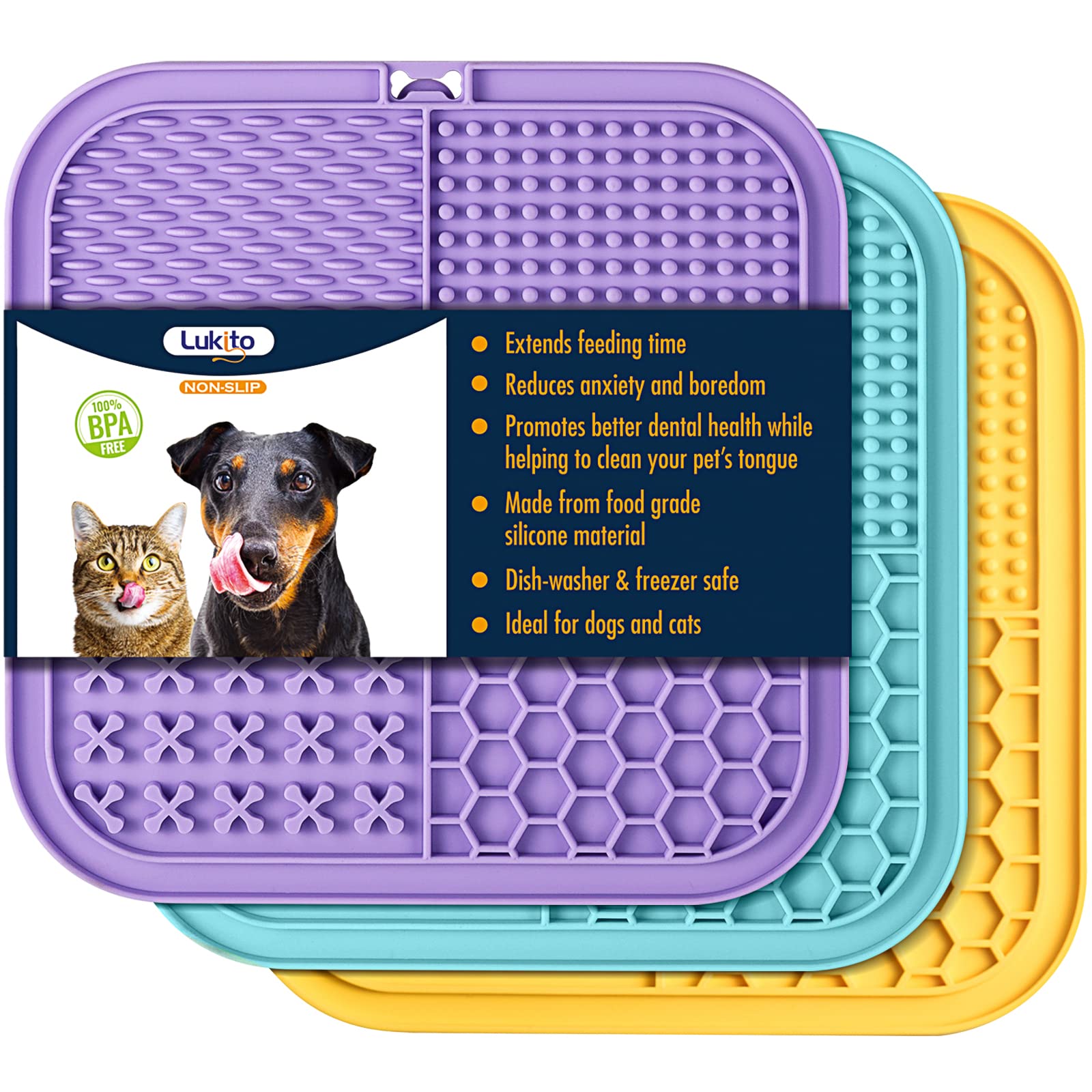LUKITO 3PCS Licking Mat for Dogs & Cats with Suction Cups, Dog Peanut Butter Lick Pads for Anxiety Relief & Boredom Reducer, Slo