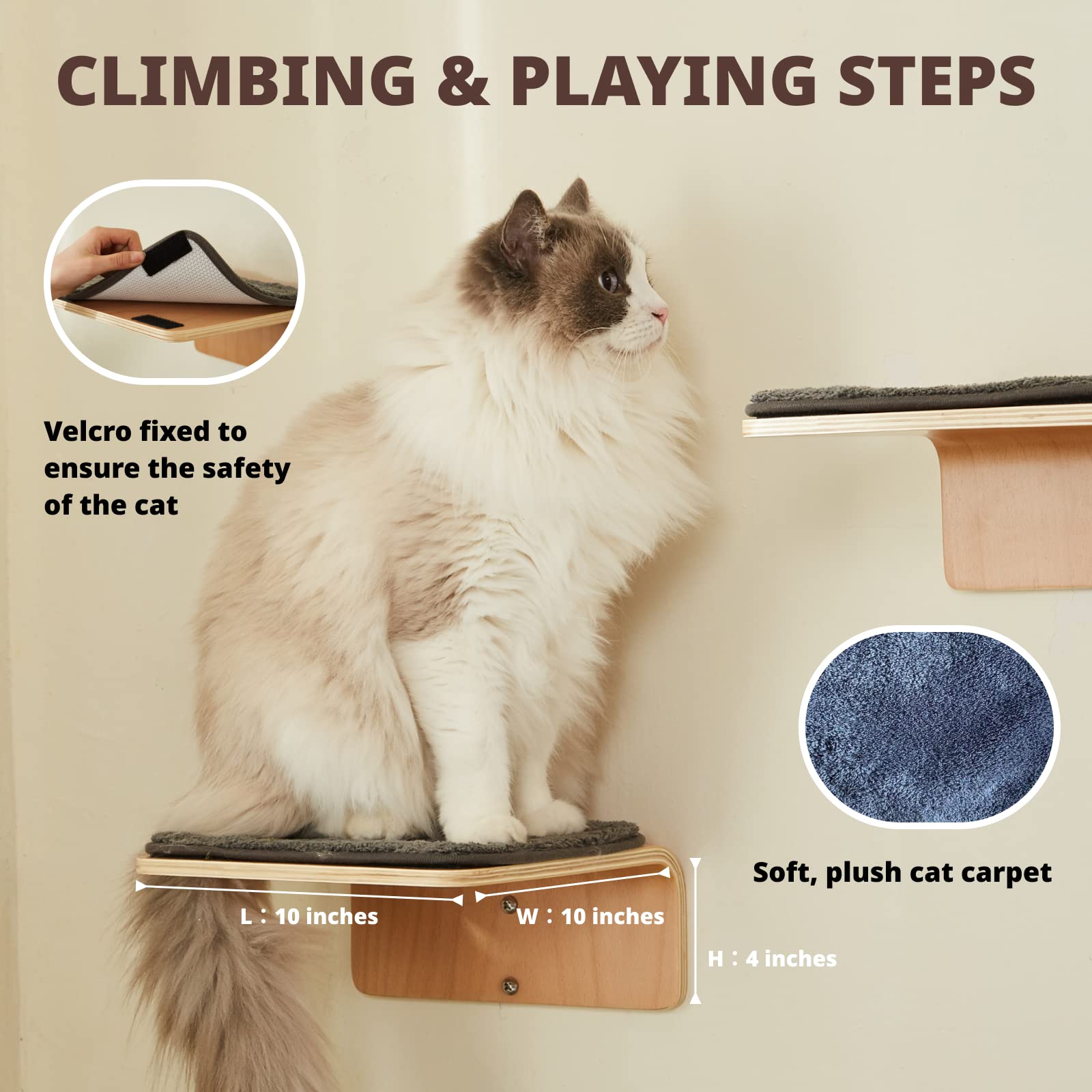LIORCE Cat Wall Steps - Wooden Climbing Shelf with Scratching Mat - Cream & Gray, Wall-Mounted Cat Furniture for Jumping & Playing