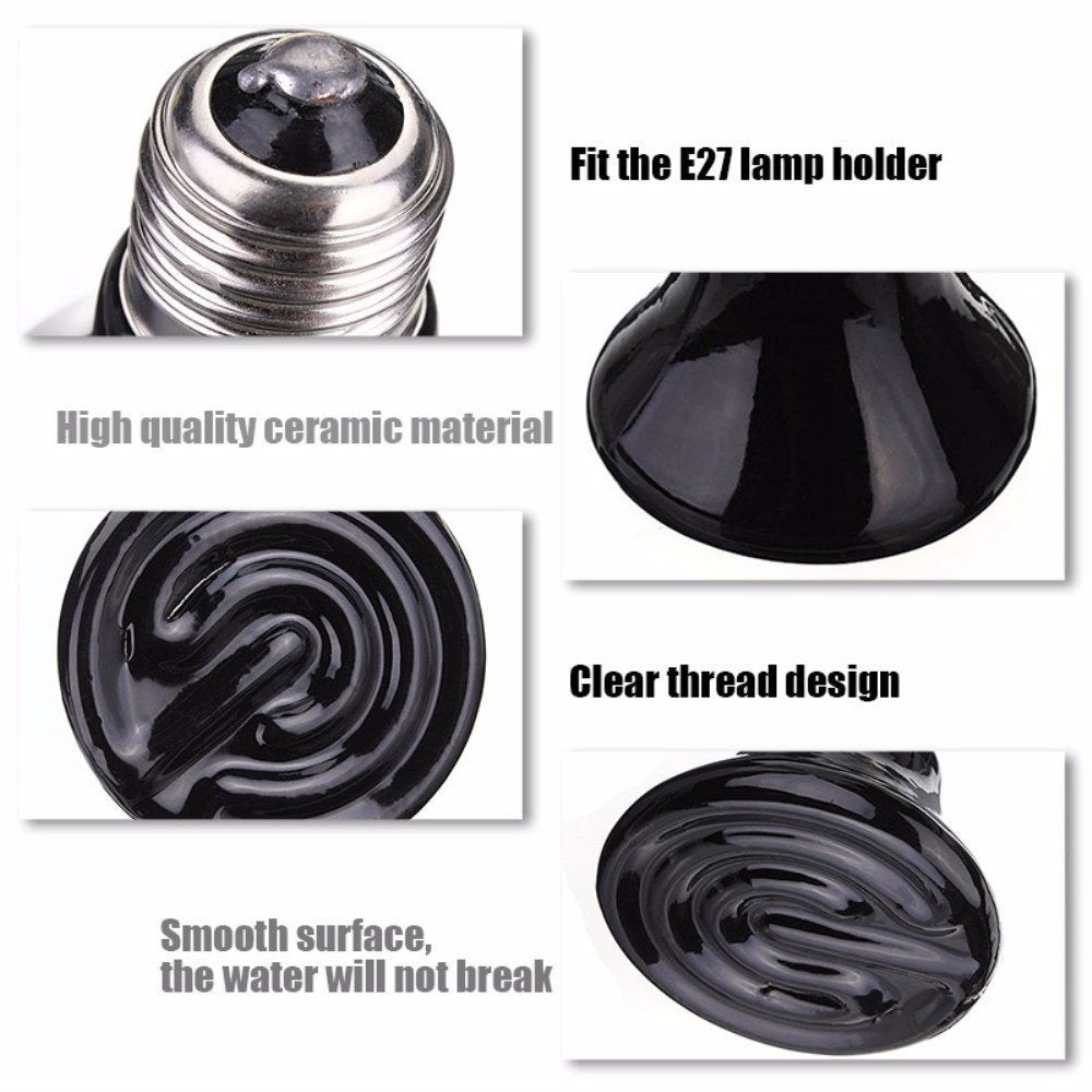 Ctkcom 2-Pack 200W Reptile Ceramic Heat Lamp,E27 110V Infrared Heat Emitter Bulb,No Harm No Light Infrared Heat Emitter Brooder Lamp For Pet Coop Heater Reptile Chicken Turtle Heating Light Lamp,Black