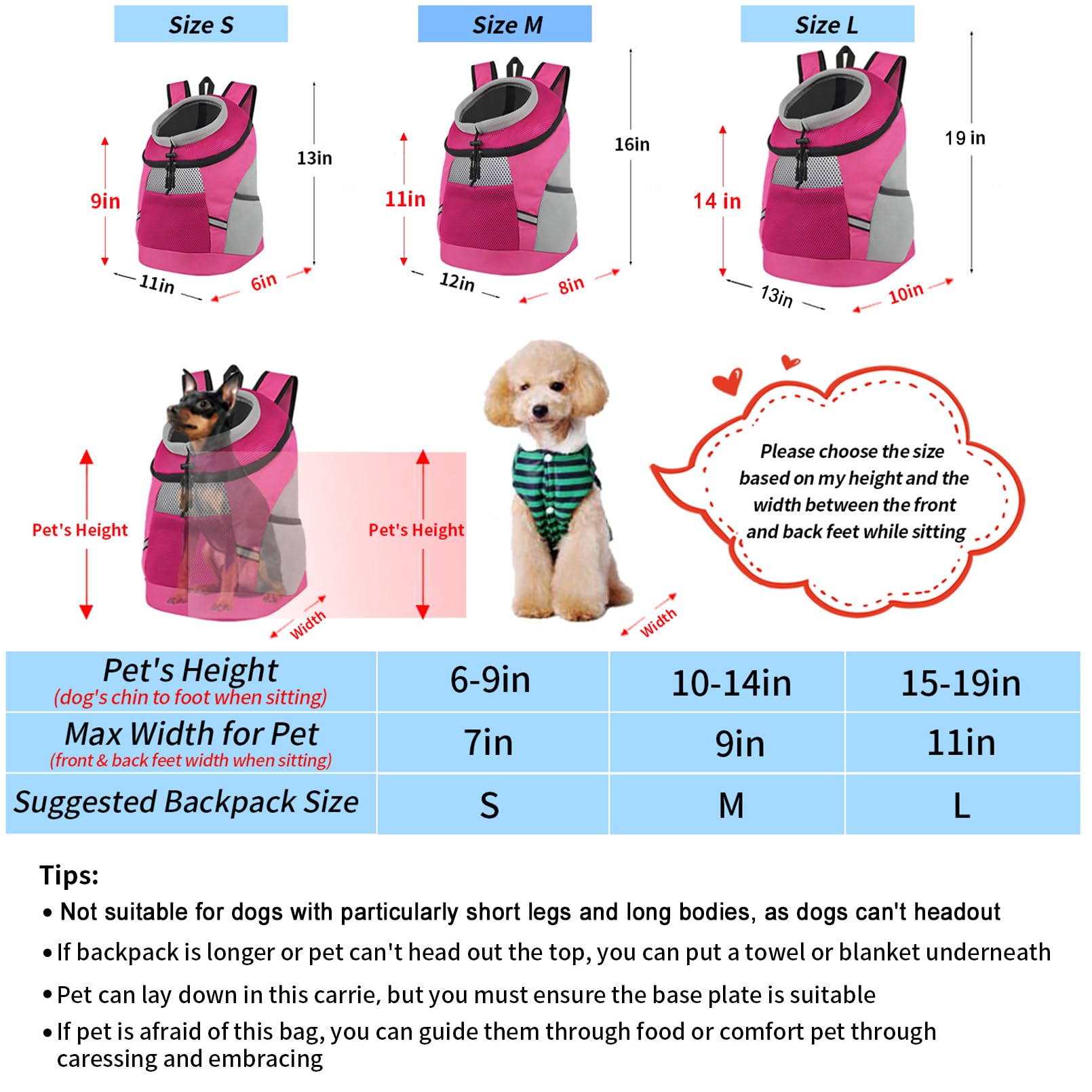 Dog Backpack Carrier, Front Chest Carrier For Cat Small Dogs, Pet Carrying Bag For Travel Hiking Cycling Outdoor Rose S (Suggest