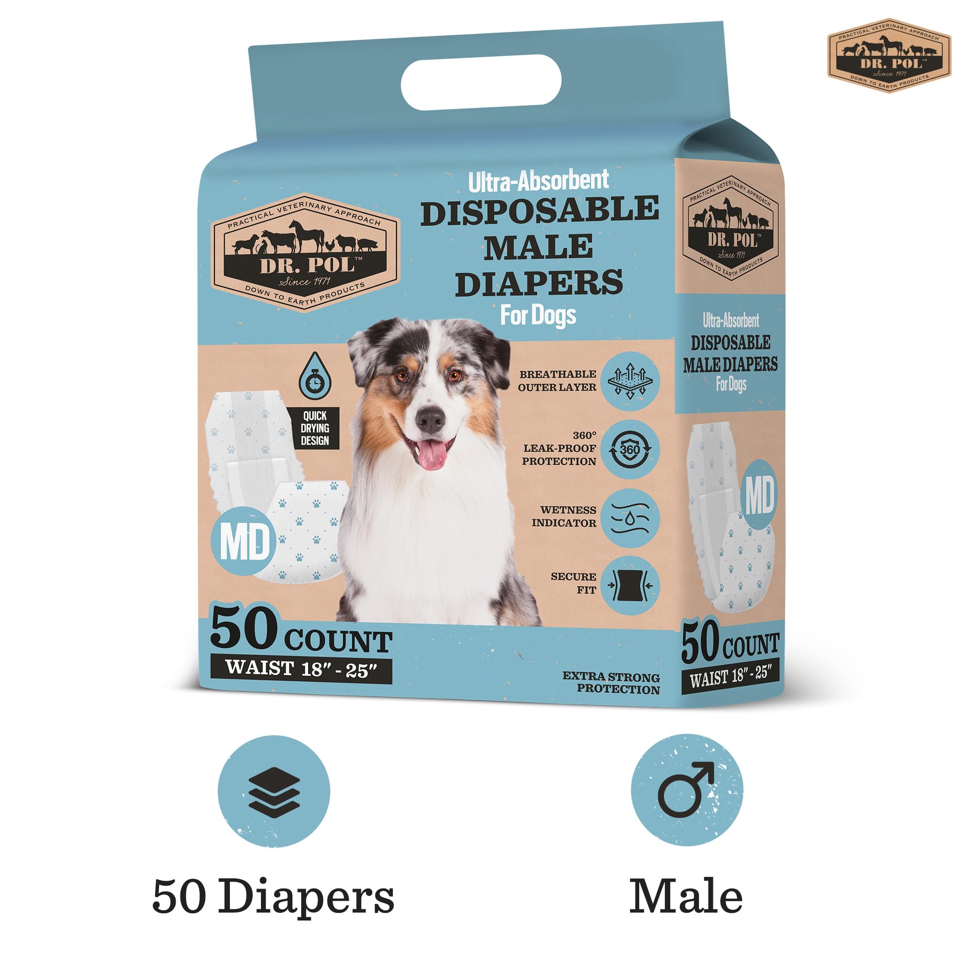Dr. Pol Male Dog Diapers - Super Absorbent, Breathable, Leak-Proof With Wetness Indicator, Medium, 50 Count